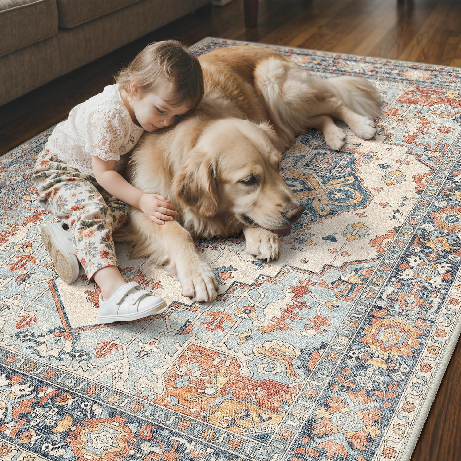 imageGENIMO 8x10 Area Rugs for Living Room Machine Washable Non Slip Rugs Low Pile Lightweight Vintage Print Rug for Bedroom Dining Room Home Office Distressed BlueGreyVintage BlueAmber