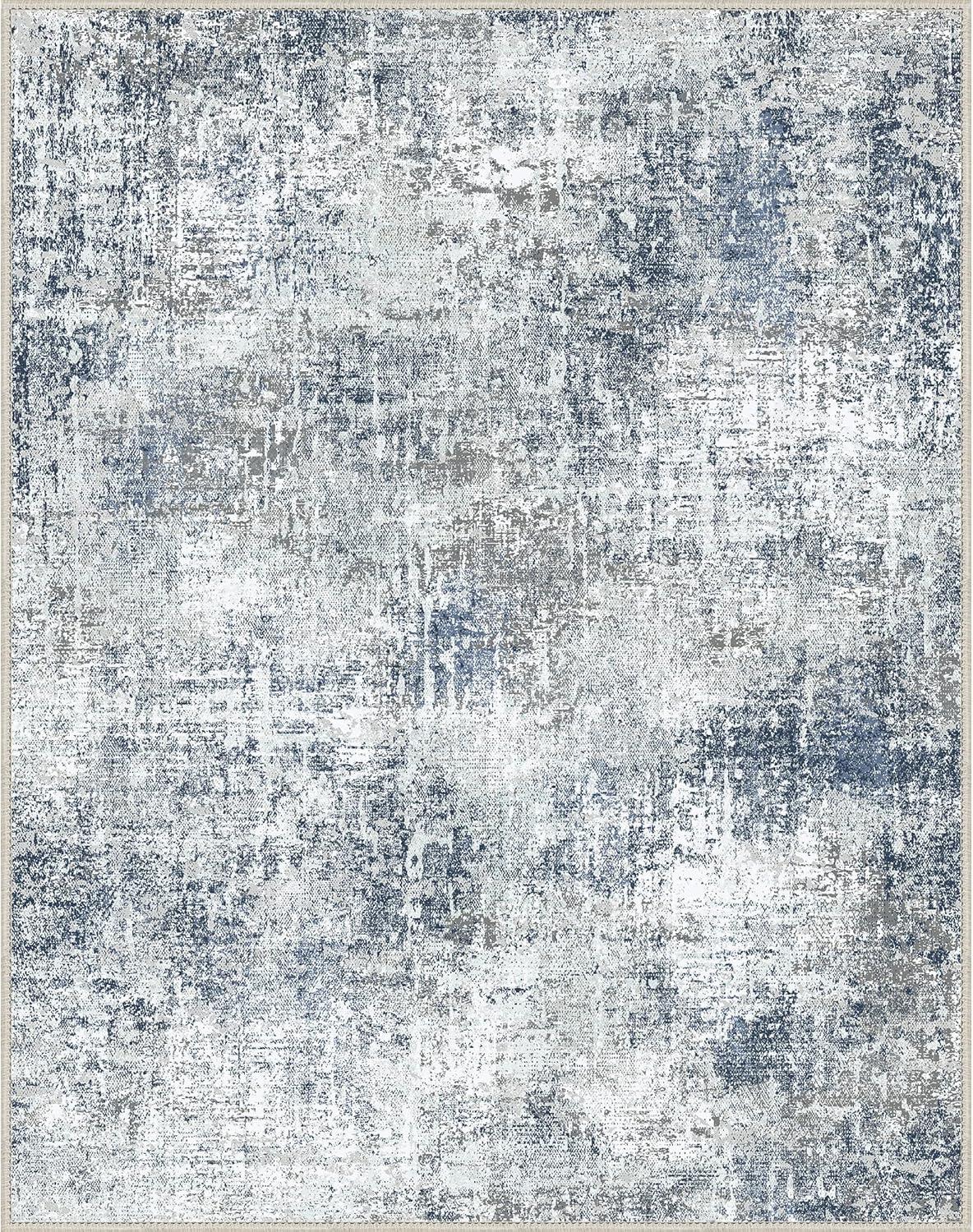 imageGENIMO 8x10 Area Rugs for Living Room Machine Washable Non Slip Rugs Low Pile Lightweight Vintage Print Rug for Bedroom Dining Room Home Office Distressed BlueGreyWashed Light Denim Blue