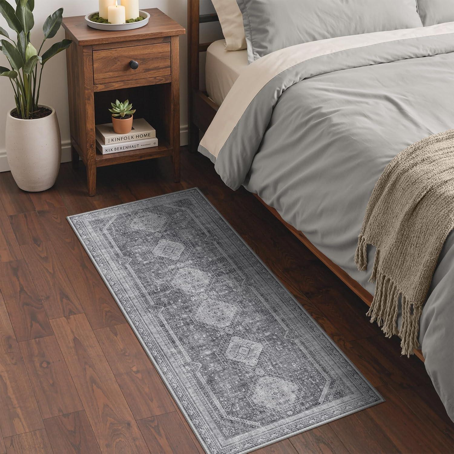 imageGENIMO 8x10 Area Rugs for Living Room Machine Washable Non Slip Rugs Low Pile Lightweight Vintage Print Rug for Bedroom Dining Room Home Office Distressed BlueGreyArea Vintage Grey