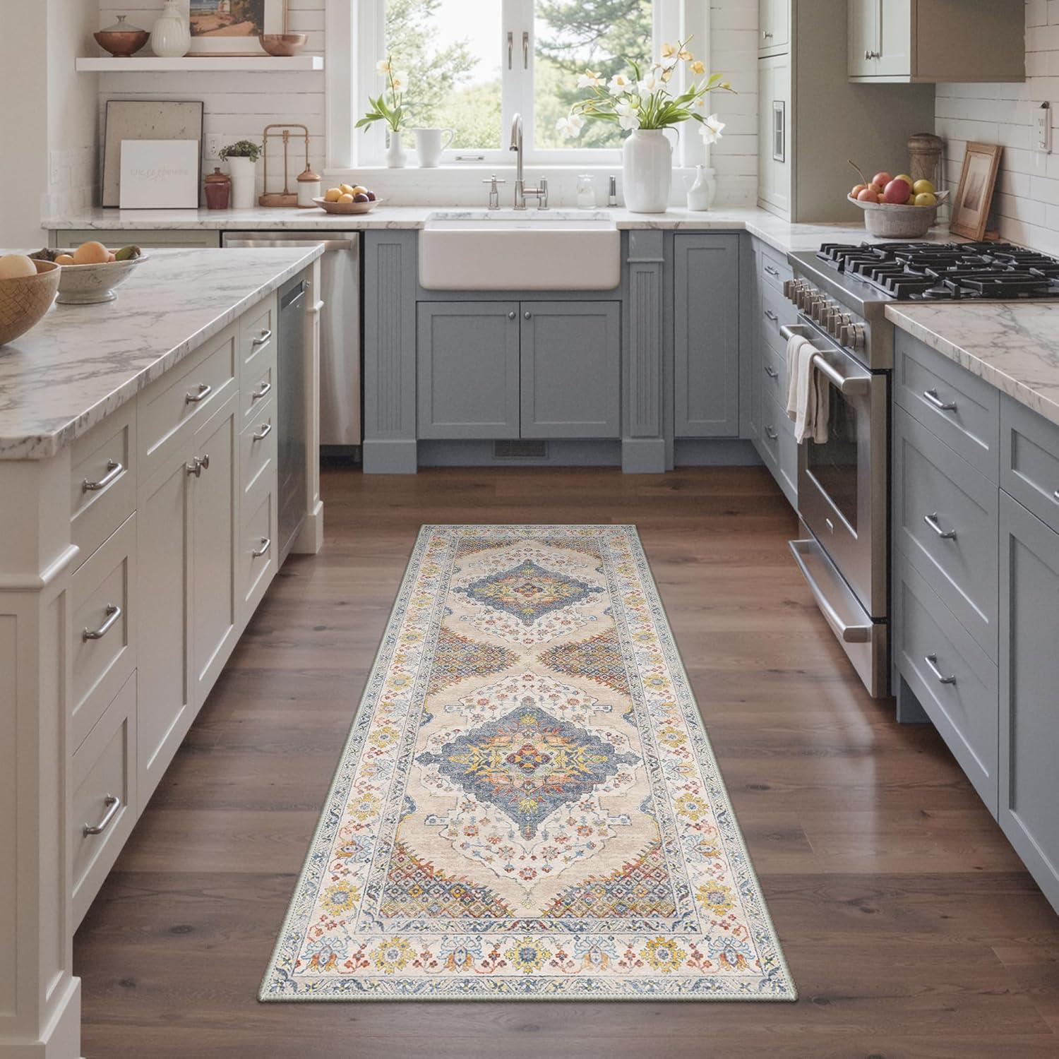 imageGENIMO 8x10 Area Rugs for Living Room Machine Washable Non Slip Rugs Low Pile Lightweight Vintage Print Rug for Bedroom Dining Room Home Office Distressed BlueGreyCreamCenter Blue