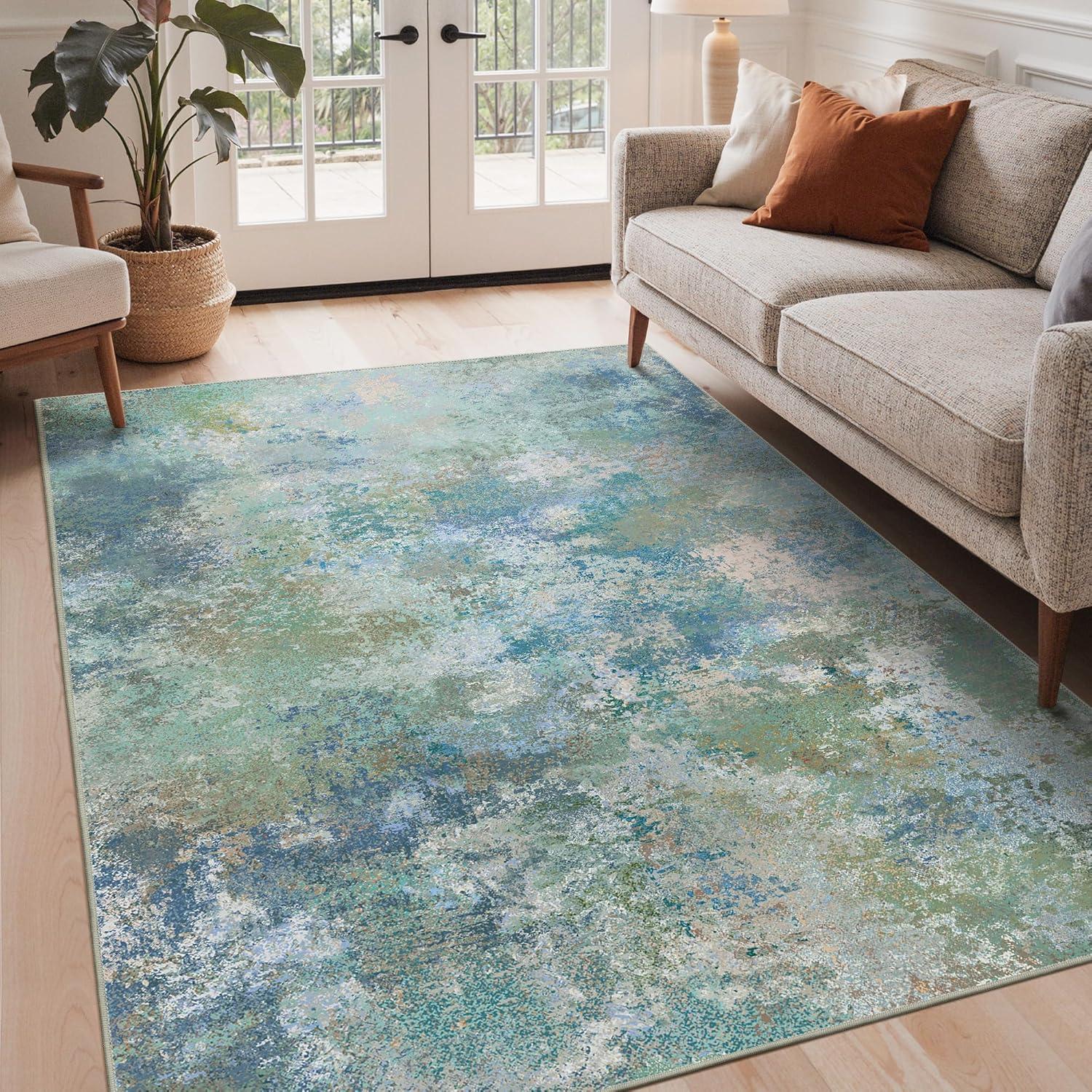 imageGENIMO 8x10 Area Rugs for Living Room Machine Washable Non Slip Rugs Low Pile Lightweight Vintage Print Rug for Bedroom Dining Room Home Office Distressed BlueGreyAquamarineBlue Green