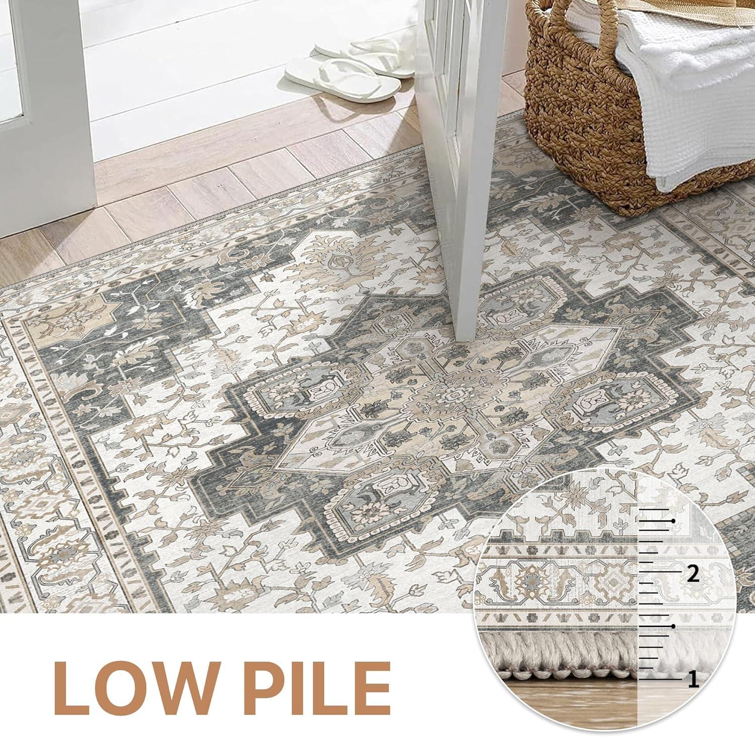 imageGENIMO 8x10 Area Rugs for Living Room Machine Washable Non Slip Rugs Low Pile Lightweight Vintage Print Rug for Bedroom Dining Room Home Office Distressed BlueGreyHeathered Grey