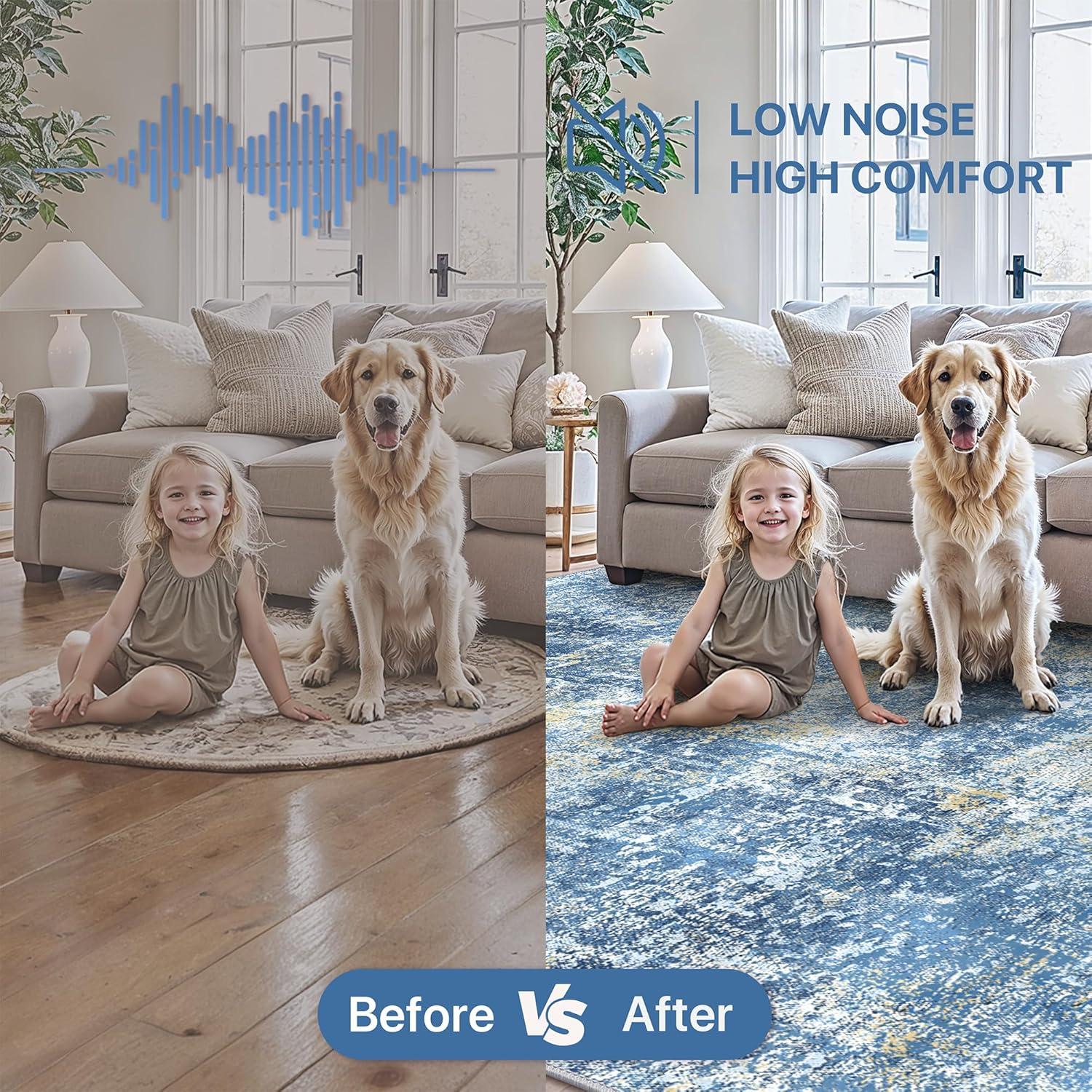 imageGENIMO 8x10 Area Rugs for Living Room Machine Washable Non Slip Rugs Low Pile Lightweight Vintage Print Rug for Bedroom Dining Room Home Office Distressed BlueGreyTrue Blue