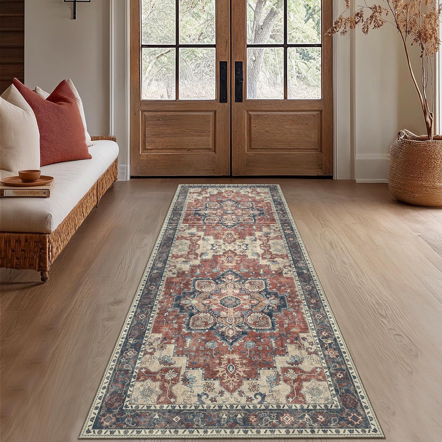 imageGENIMO 8x10 Area Rugs for Living Room Machine Washable Non Slip Rugs Low Pile Lightweight Vintage Print Rug for Bedroom Dining Room Home Office Distressed BlueGreyBordeaux