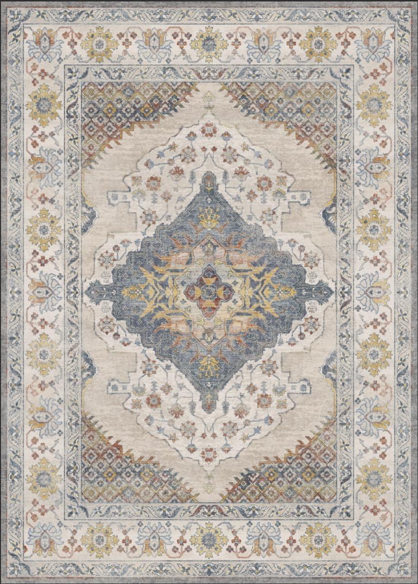 imageGENIMO 8x10 Area Rugs for Living Room Machine Washable Non Slip Rugs Low Pile Lightweight Vintage Print Rug for Bedroom Dining Room Home Office Distressed BlueGreyCreamCenter Blue