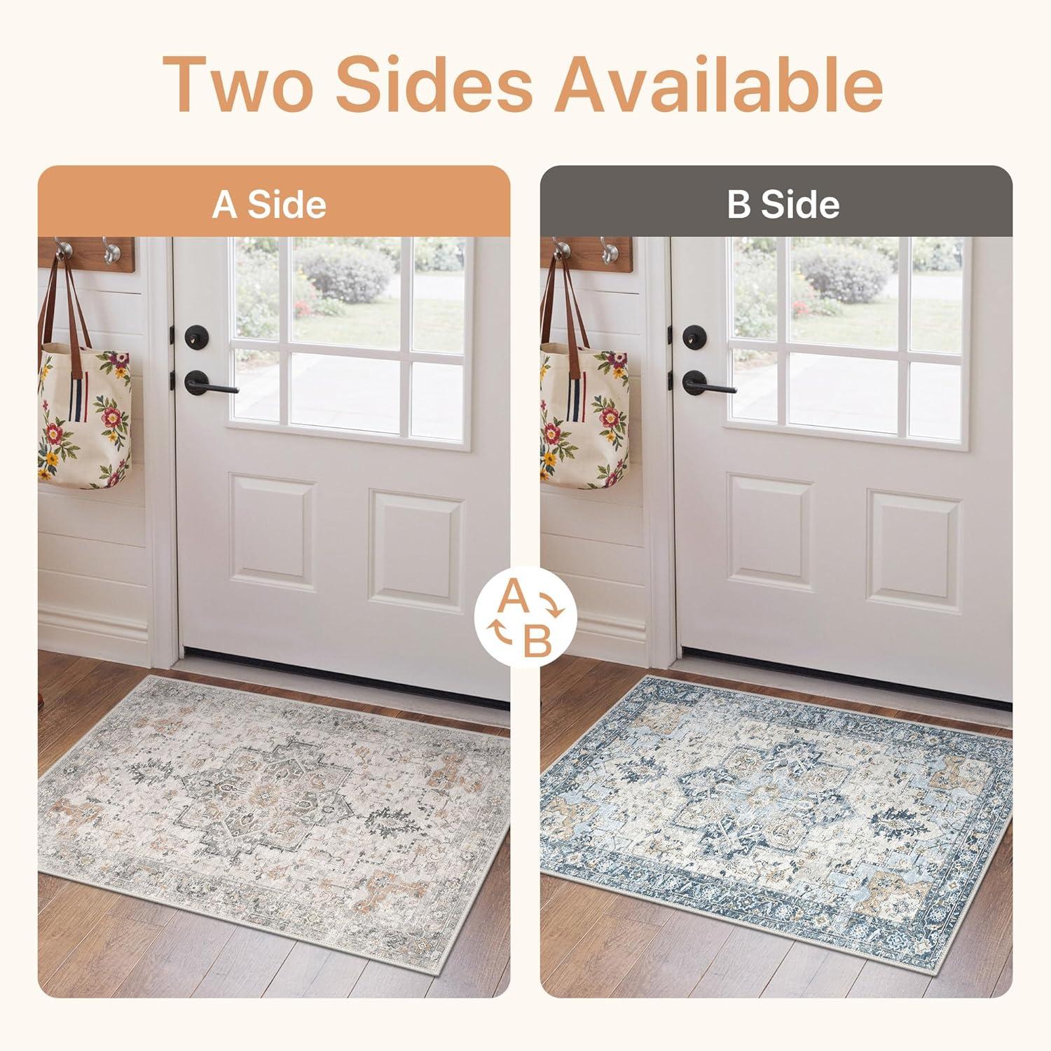 imageGENIMO 8x10 Area Rugs for Living Room Machine Washable Non Slip Rugs Low Pile Lightweight Vintage Print Rug for Bedroom Dining Room Home Office Distressed BlueGreyTaupeblue