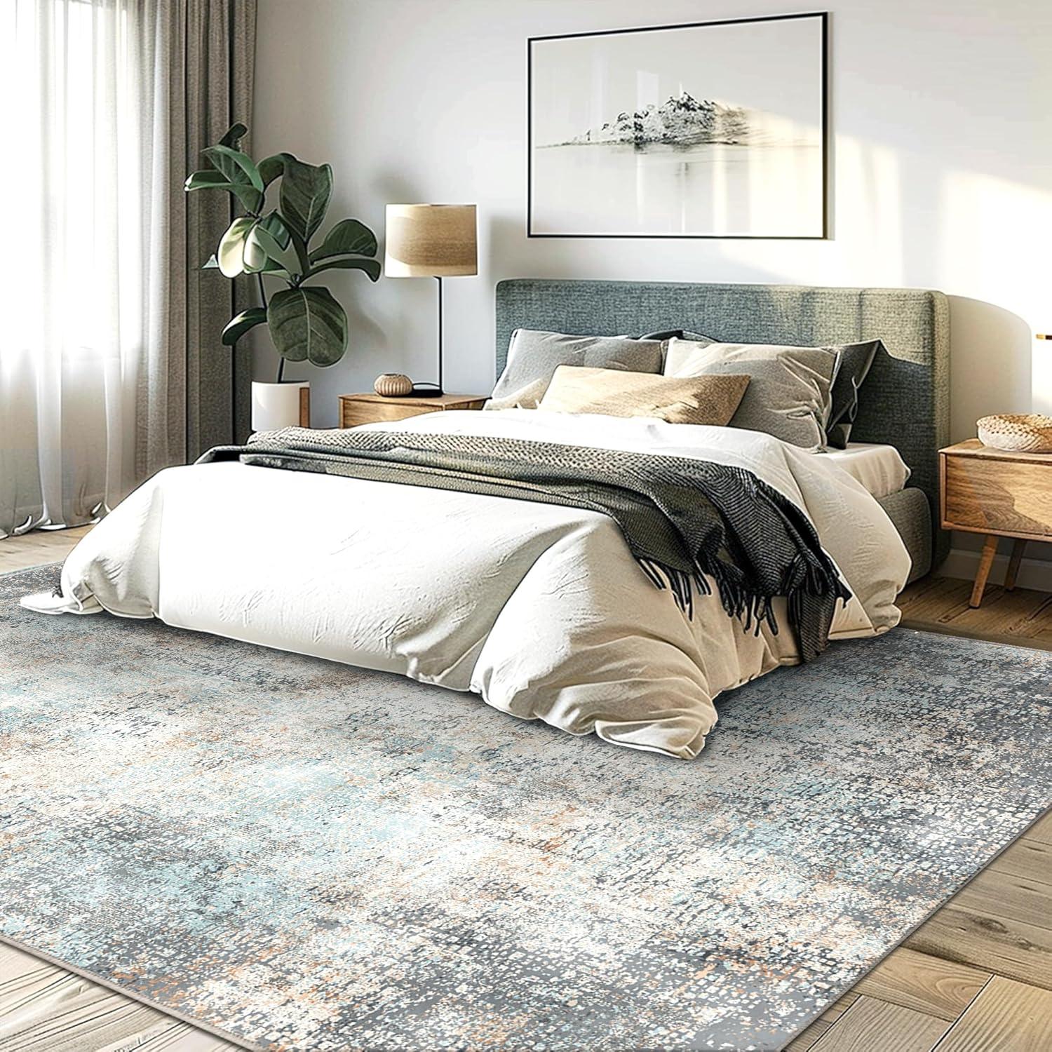 imageGENIMO 9x12 Area Rugs for Living Room Machine Washable Non Slip Rugs Low Pile Lightweight Print Rug for Bedroom Dining Room Home Office Vintage Brick RedLight Blue