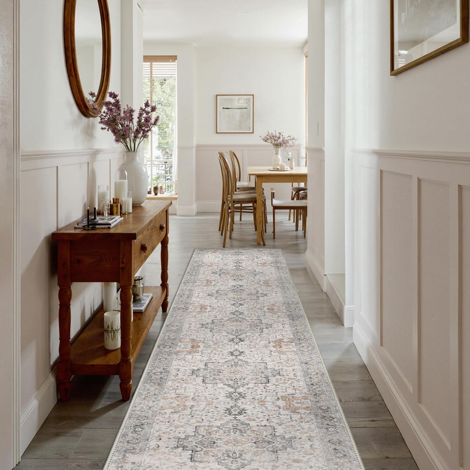 imageGENIMO 9x12 Area Rugs for Living Room Machine Washable Non Slip Rugs Low Pile Lightweight Print Rug for Bedroom Dining Room Home Office Vintage Brick RedTaupe