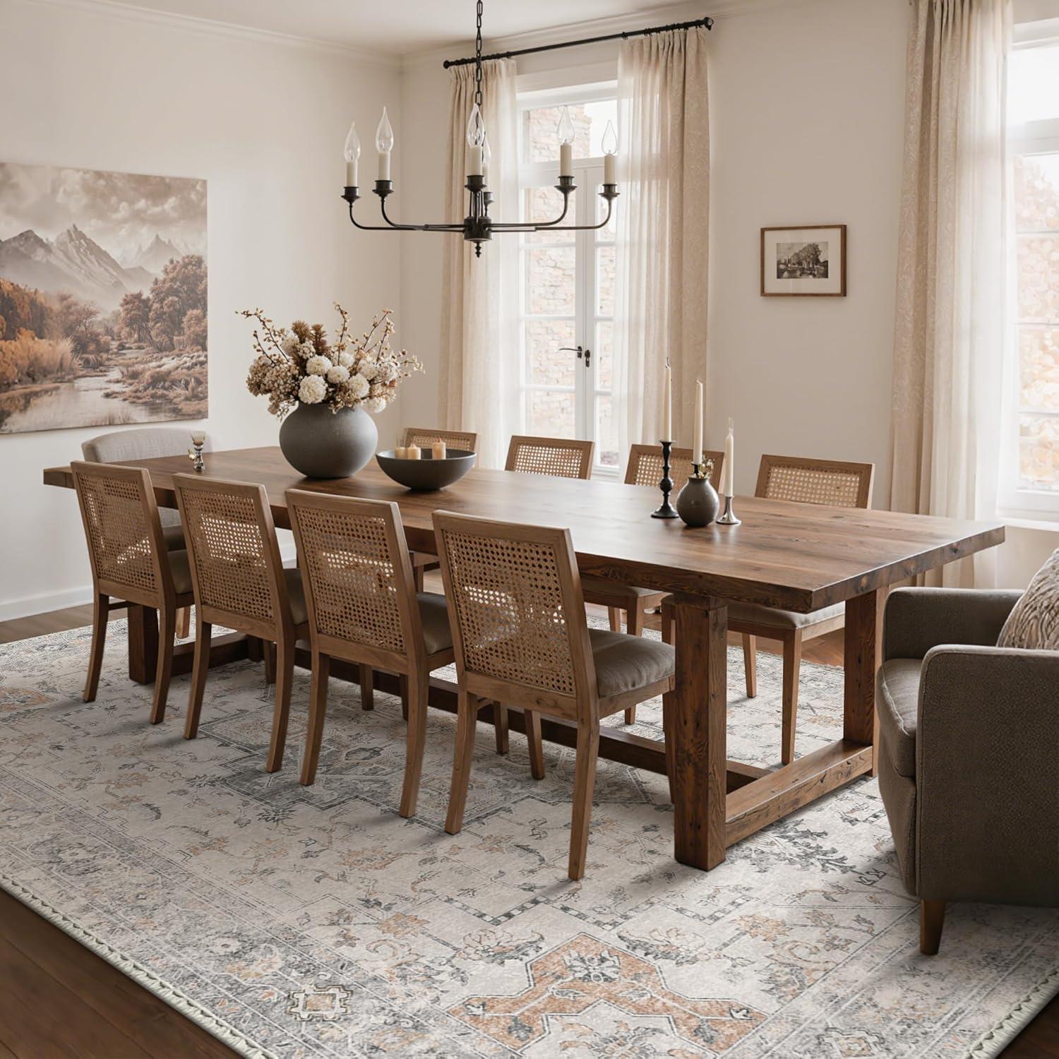 imageGENIMO 9x12 Area Rugs for Living Room Machine Washable Non Slip Rugs Low Pile Lightweight Print Rug for Bedroom Dining Room Home Office Vintage Brick RedTaupe