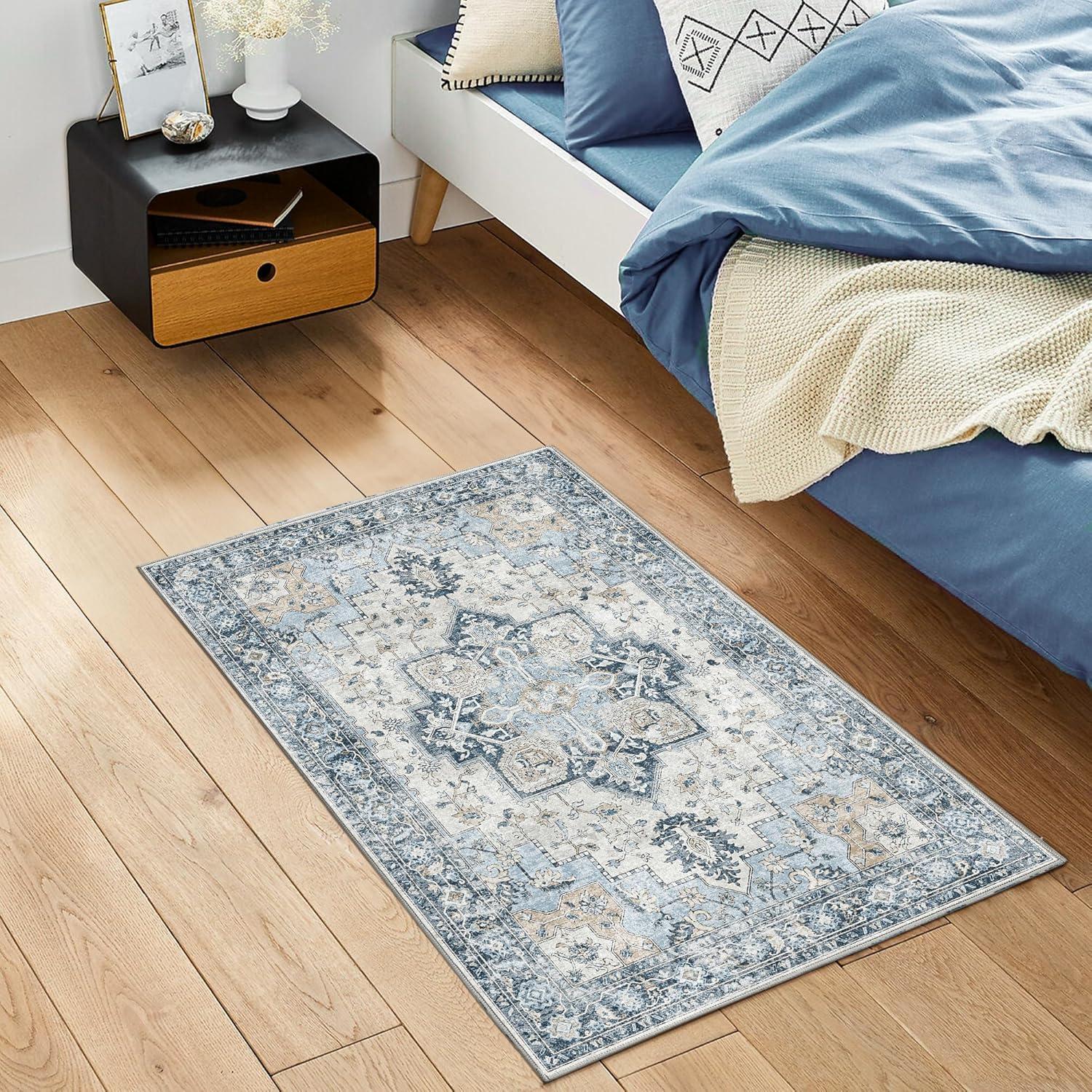 imageGENIMO 9x12 Area Rugs for Living Room Machine Washable Non Slip Rugs Low Pile Lightweight Print Rug for Bedroom Dining Room Home Office Vintage Brick RedBluegold