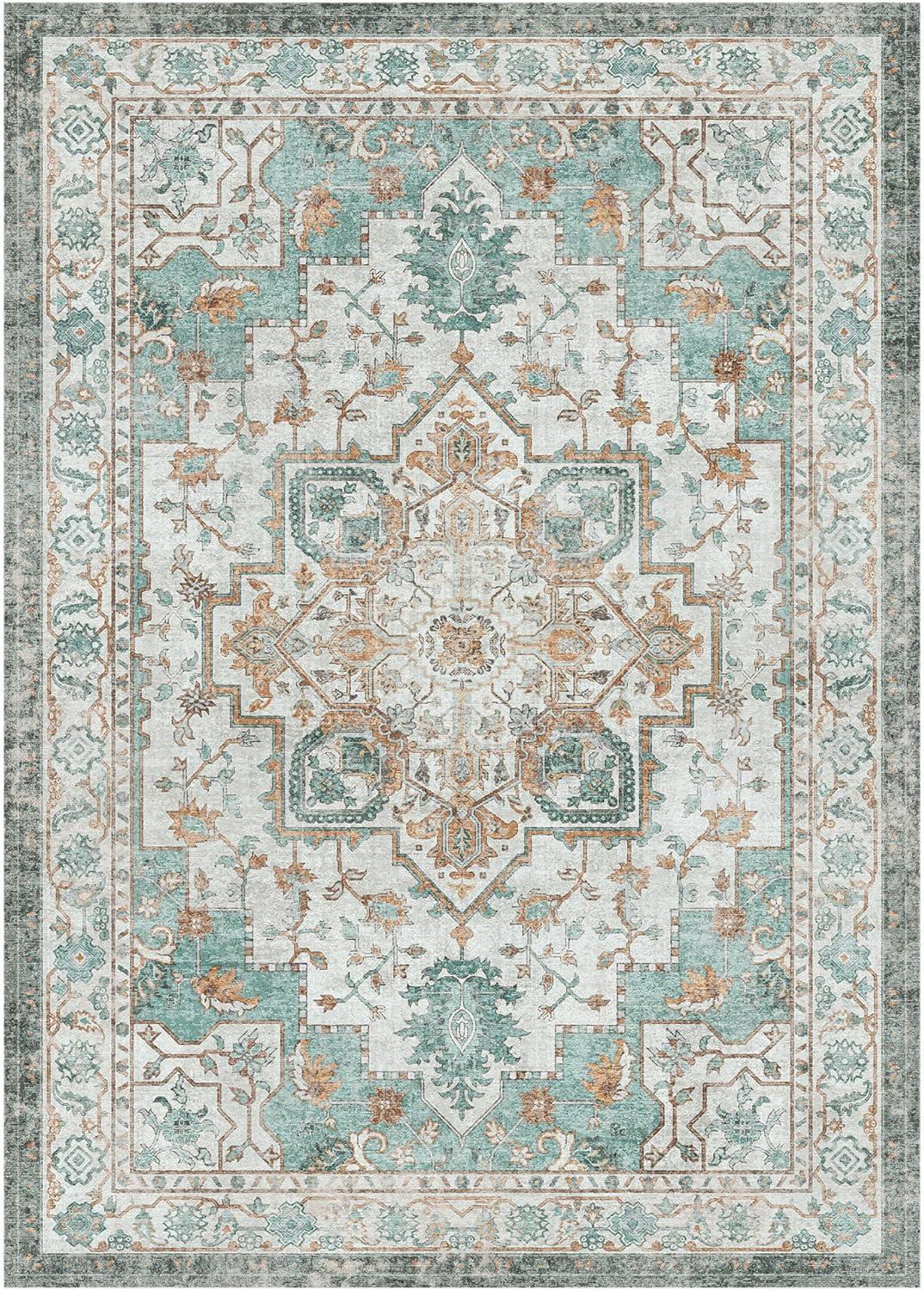 imageGENIMO 9x12 Area Rugs for Living Room Machine Washable Non Slip Rugs Low Pile Lightweight Print Rug for Bedroom Dining Room Home Office Vintage Brick RedCyan