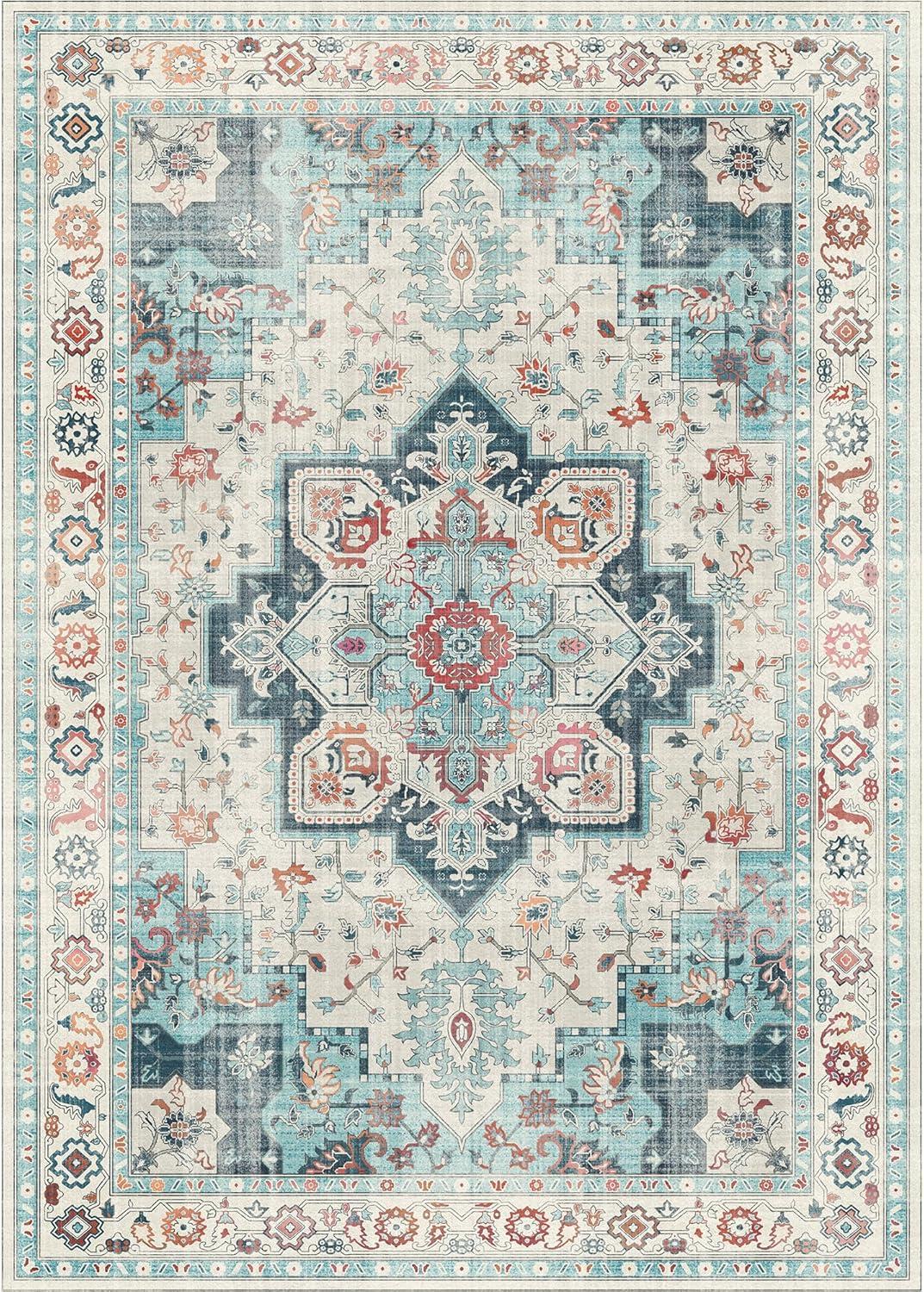 imageGENIMO 9x12 Area Rugs for Living Room Machine Washable Non Slip Rugs Low Pile Lightweight Print Rug for Bedroom Dining Room Home Office Vintage Brick RedWhiteCyan