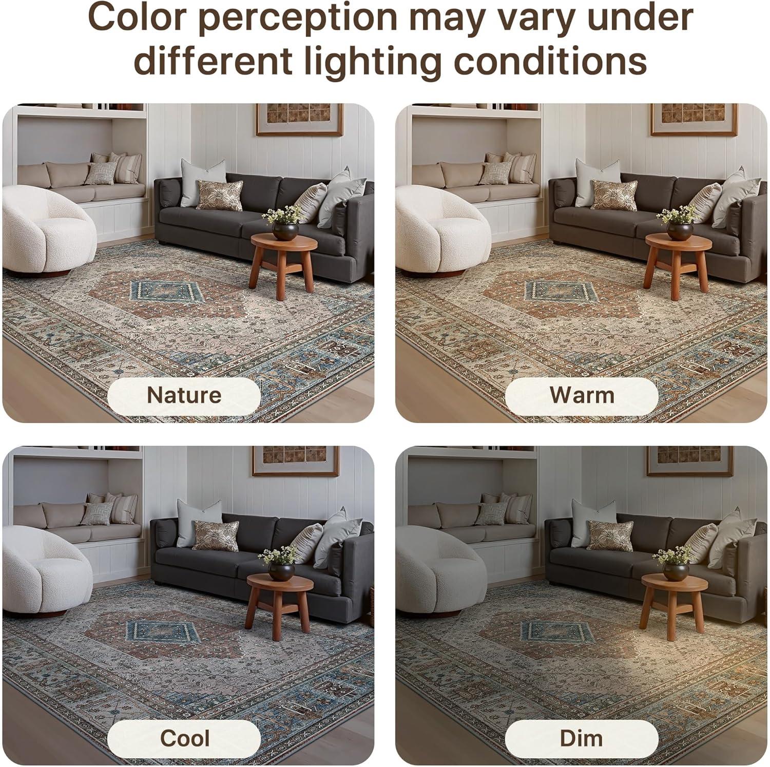 imageGENIMO 9x12 Area Rugs for Living Room Machine Washable Non Slip Rugs Low Pile Lightweight Print Rug for Bedroom Dining Room Home Office Vintage Brick RedGeometry SepiaBlue