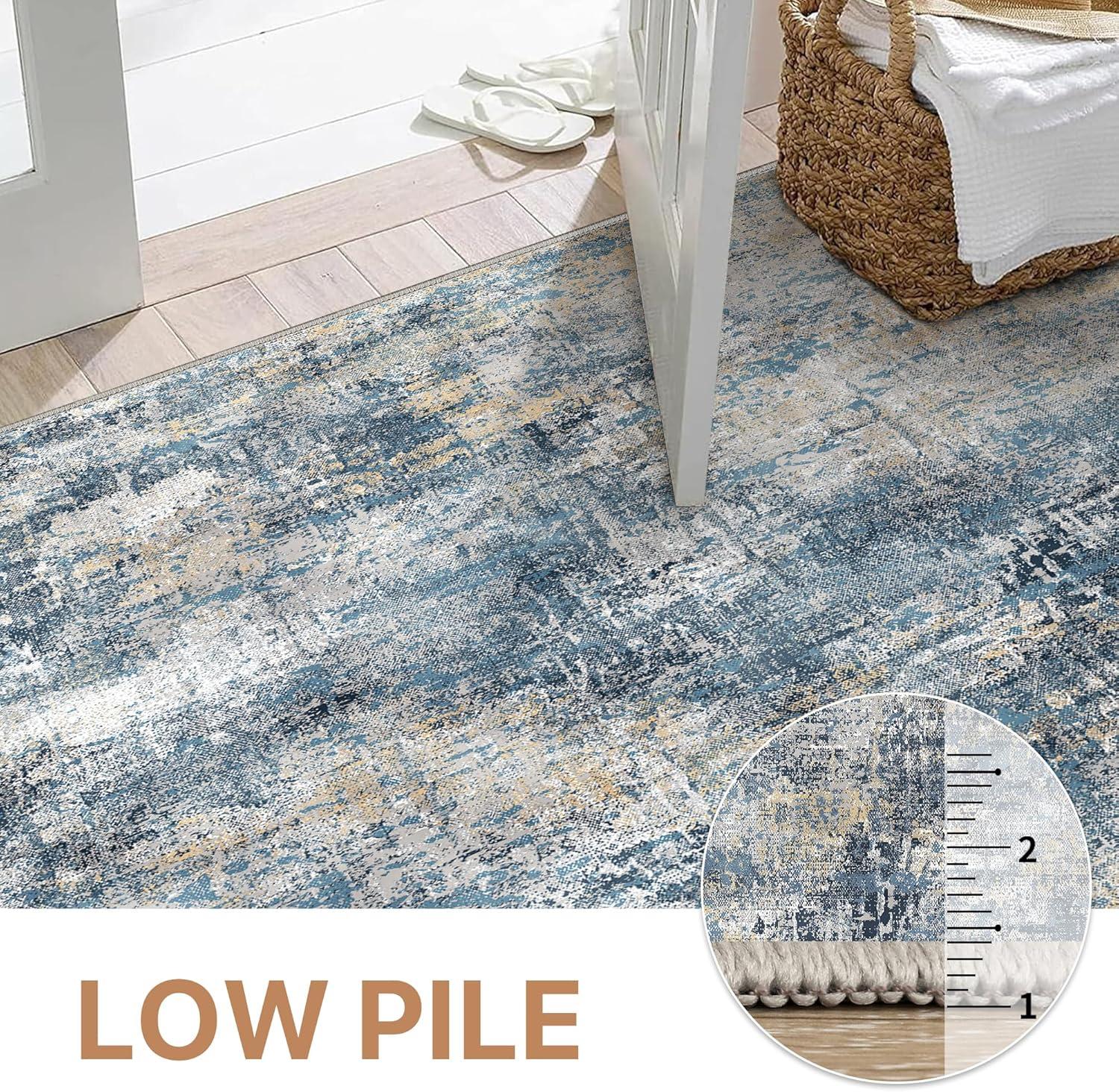 imageGENIMO 9x12 Area Rugs for Living Room Machine Washable Non Slip Rugs Low Pile Lightweight Print Rug for Bedroom Dining Room Home Office Vintage Brick RedWashed Royal Blue