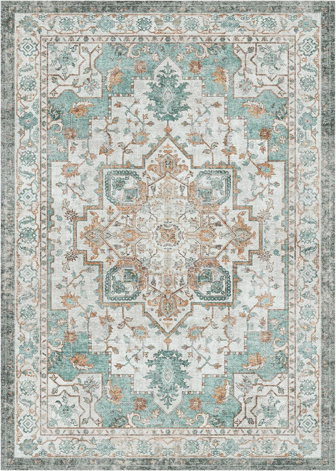 imageGENIMO 9x12 Area Rugs for Living Room Machine Washable Non Slip Rugs Low Pile Lightweight Print Rug for Bedroom Dining Room Home Office Vintage Brick RedCyan