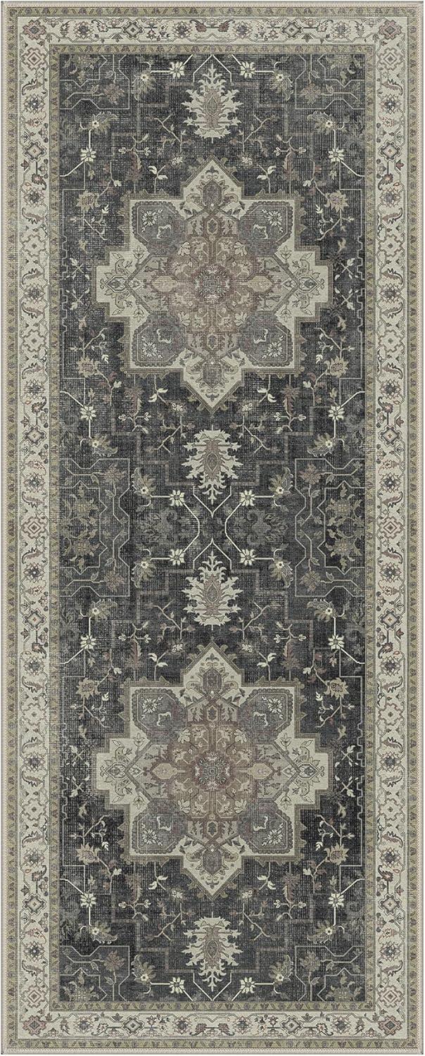 imageGENIMO 9x12 Area Rugs for Living Room Machine Washable Non Slip Rugs Low Pile Lightweight Print Rug for Bedroom Dining Room Home Office Vintage Brick RedMuted Charcoal Beige