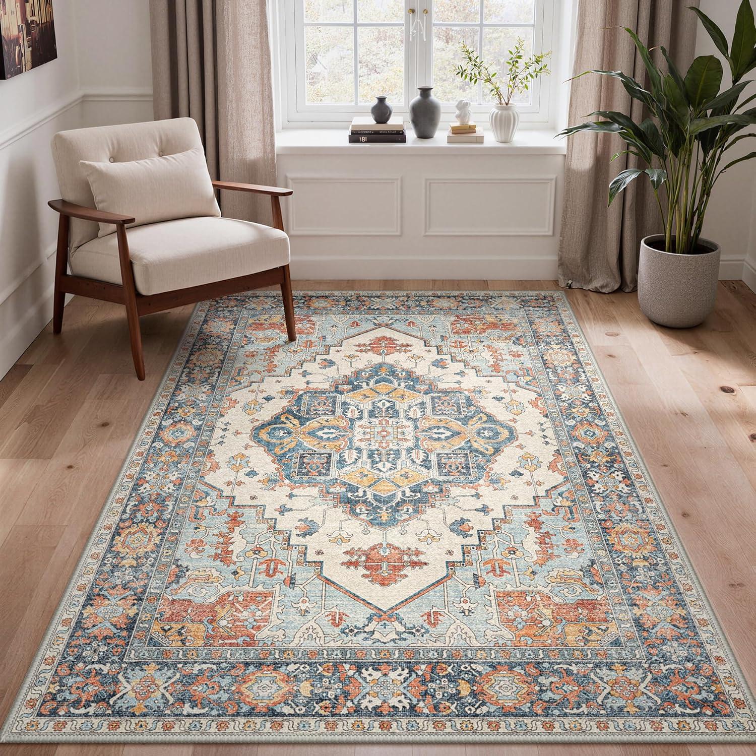 imageGENIMO 9x12 Area Rugs for Living Room Machine Washable Non Slip Rugs Low Pile Lightweight Print Rug for Bedroom Dining Room Home Office Vintage Brick RedVintage BlueAmber
