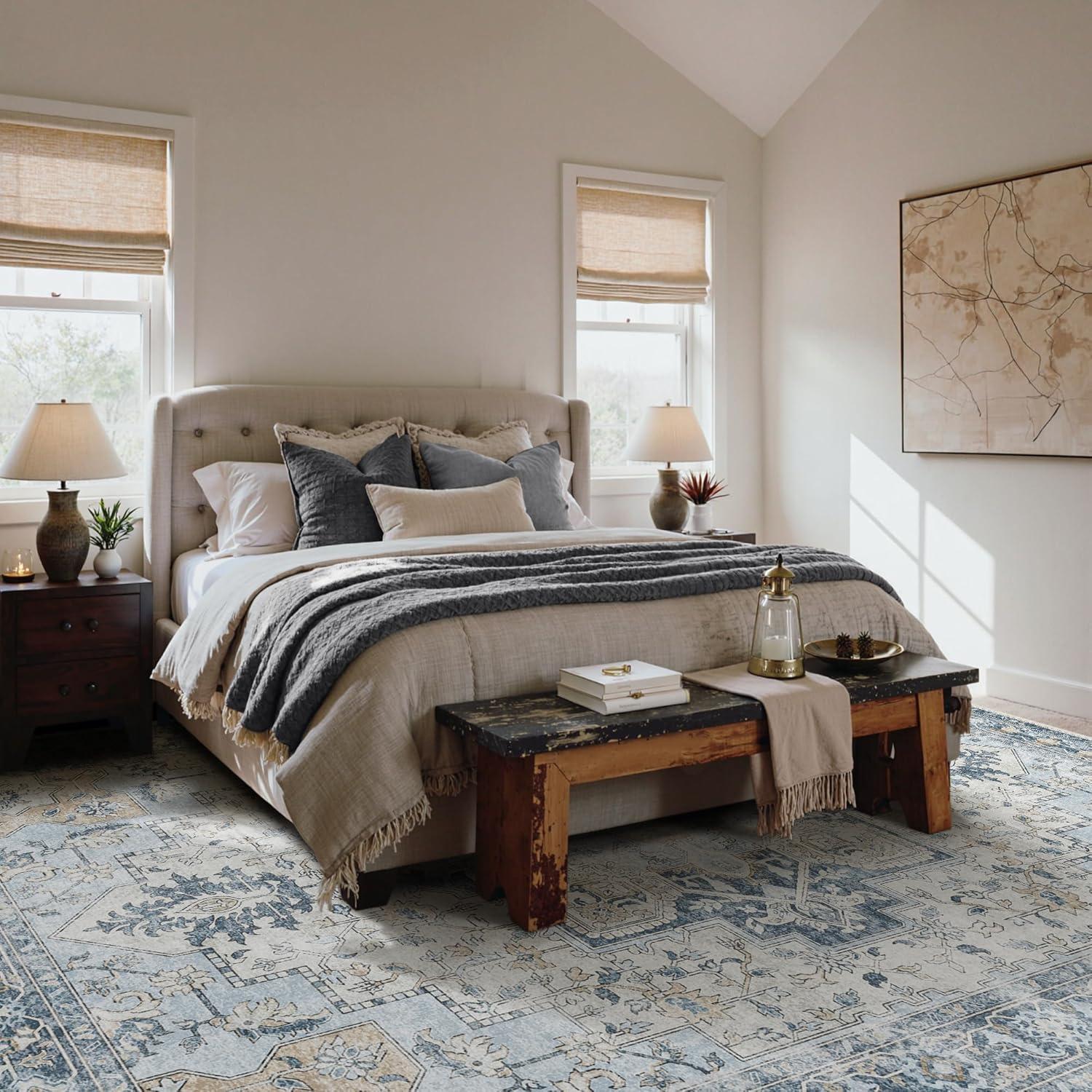 imageGENIMO 9x12 Area Rugs for Living Room Machine Washable Non Slip Rugs Low Pile Lightweight Print Rug for Bedroom Dining Room Home Office Vintage Brick RedBluegold