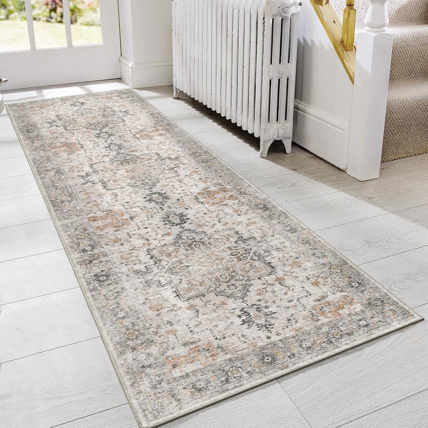 imageGENIMO 9x12 Area Rugs for Living Room Machine Washable Non Slip Rugs Low Pile Lightweight Print Rug for Bedroom Dining Room Home Office Vintage Brick RedTaupe