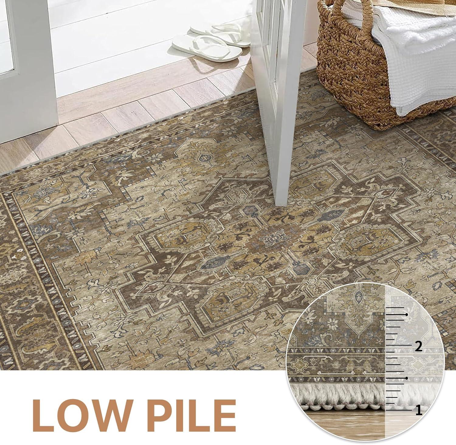 imageGENIMO 9x12 Area Rugs for Living Room Machine Washable Non Slip Rugs Low Pile Lightweight Print Rug for Bedroom Dining Room Home Office Vintage Brick RedRustic Brown