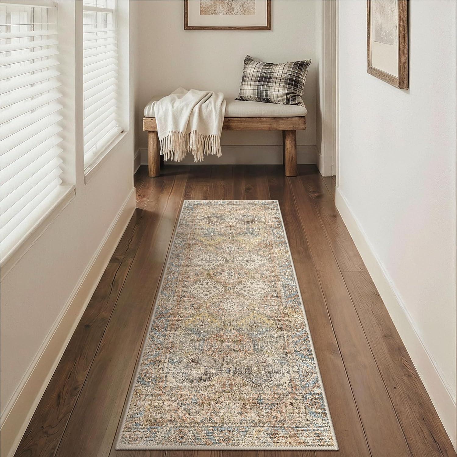 imageGENIMO 9x12 Area Rugs for Living Room Machine Washable Non Slip Rugs Low Pile Lightweight Print Rug for Bedroom Dining Room Home Office Vintage Brick RedWarm Brown