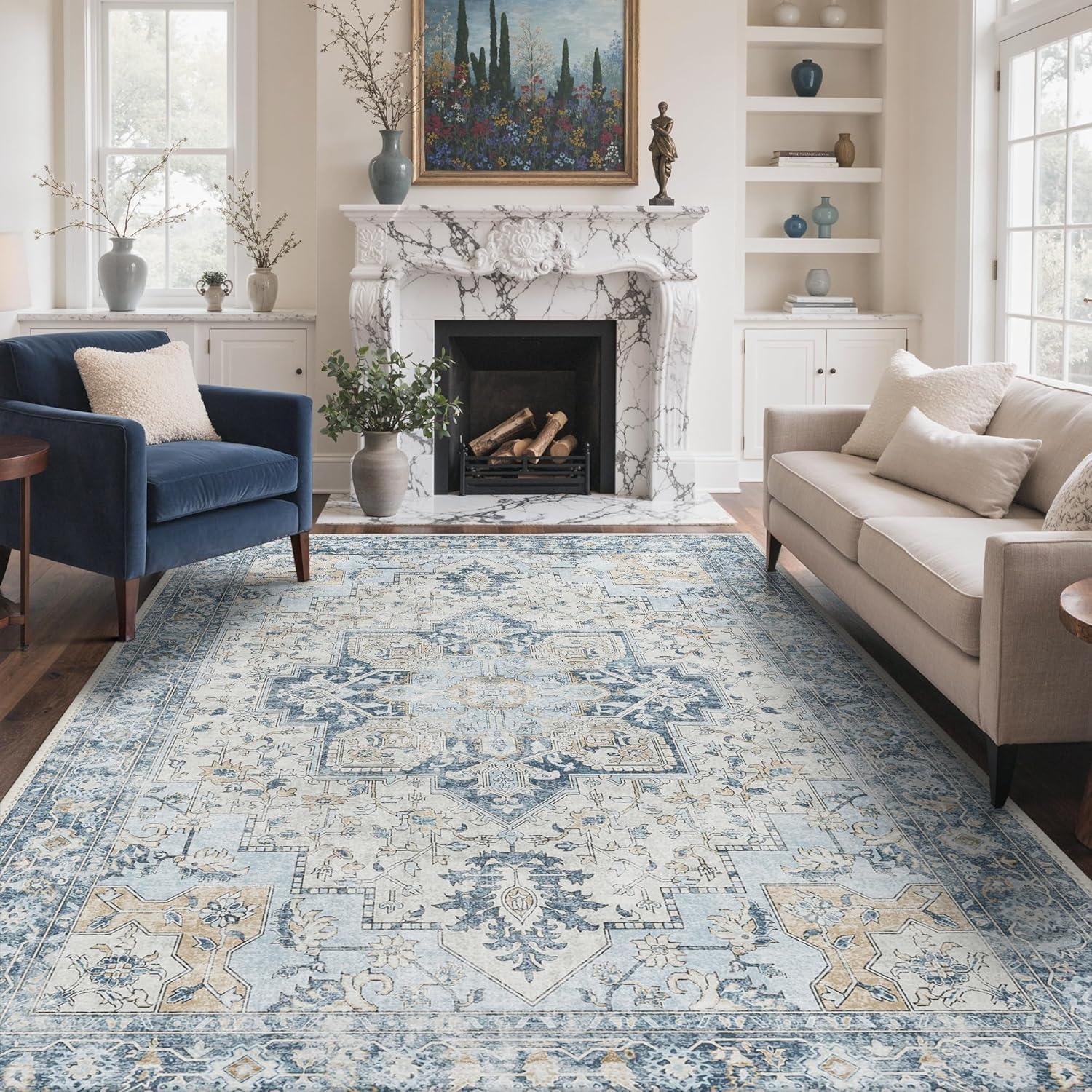 imageGENIMO 9x12 Area Rugs for Living Room Machine Washable Non Slip Rugs Low Pile Lightweight Print Rug for Bedroom Dining Room Home Office Vintage Brick RedBluegold