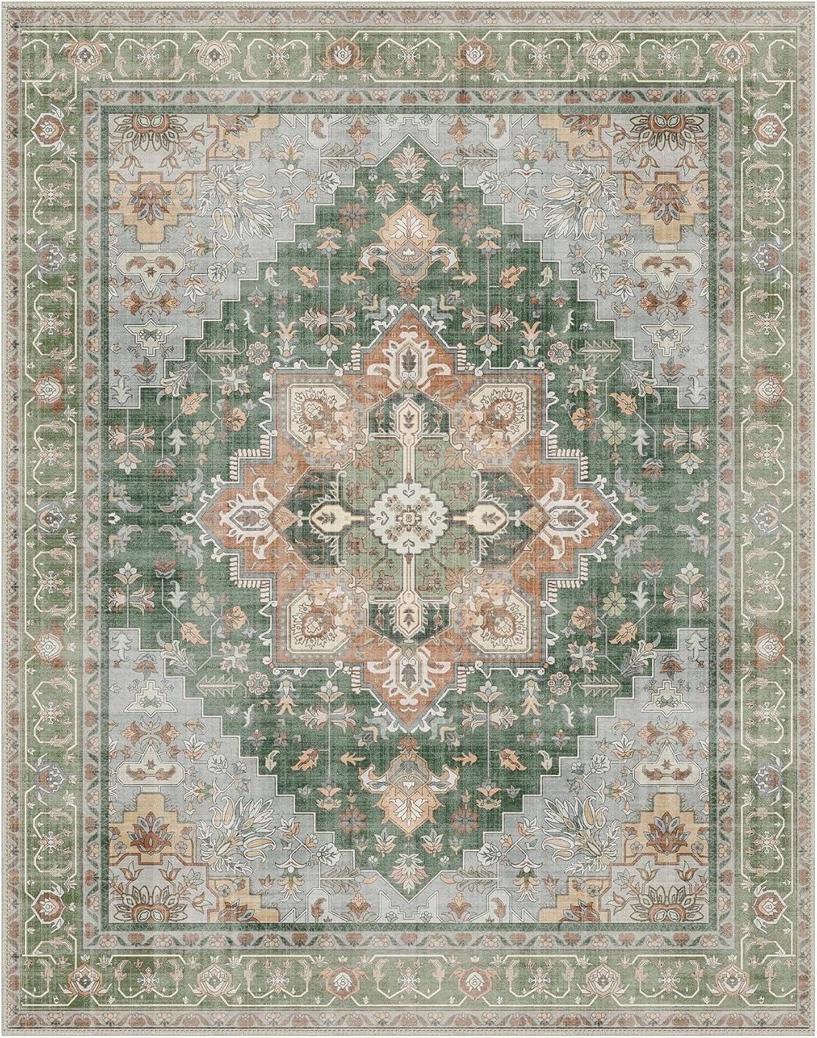 imageGENIMO 9x12 Area Rugs for Living Room Machine Washable Non Slip Rugs Low Pile Lightweight Print Rug for Bedroom Dining Room Home Office Vintage Brick RedSage Green