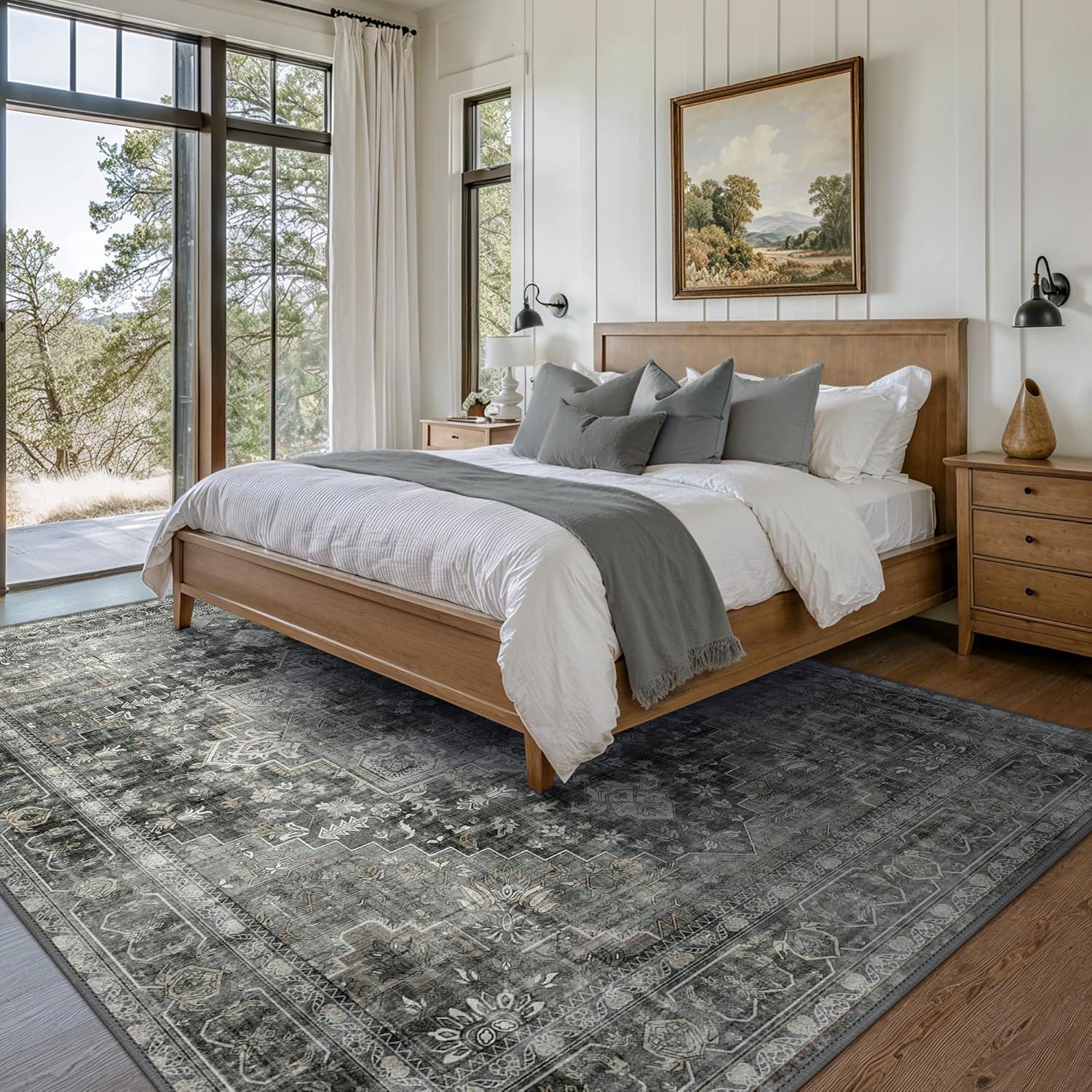 imageGENIMO 9x12 Area Rugs for Living Room Machine Washable Non Slip Rugs Low Pile Lightweight Print Rug for Bedroom Dining Room Home Office Vintage Brick RedCharcoal Gray