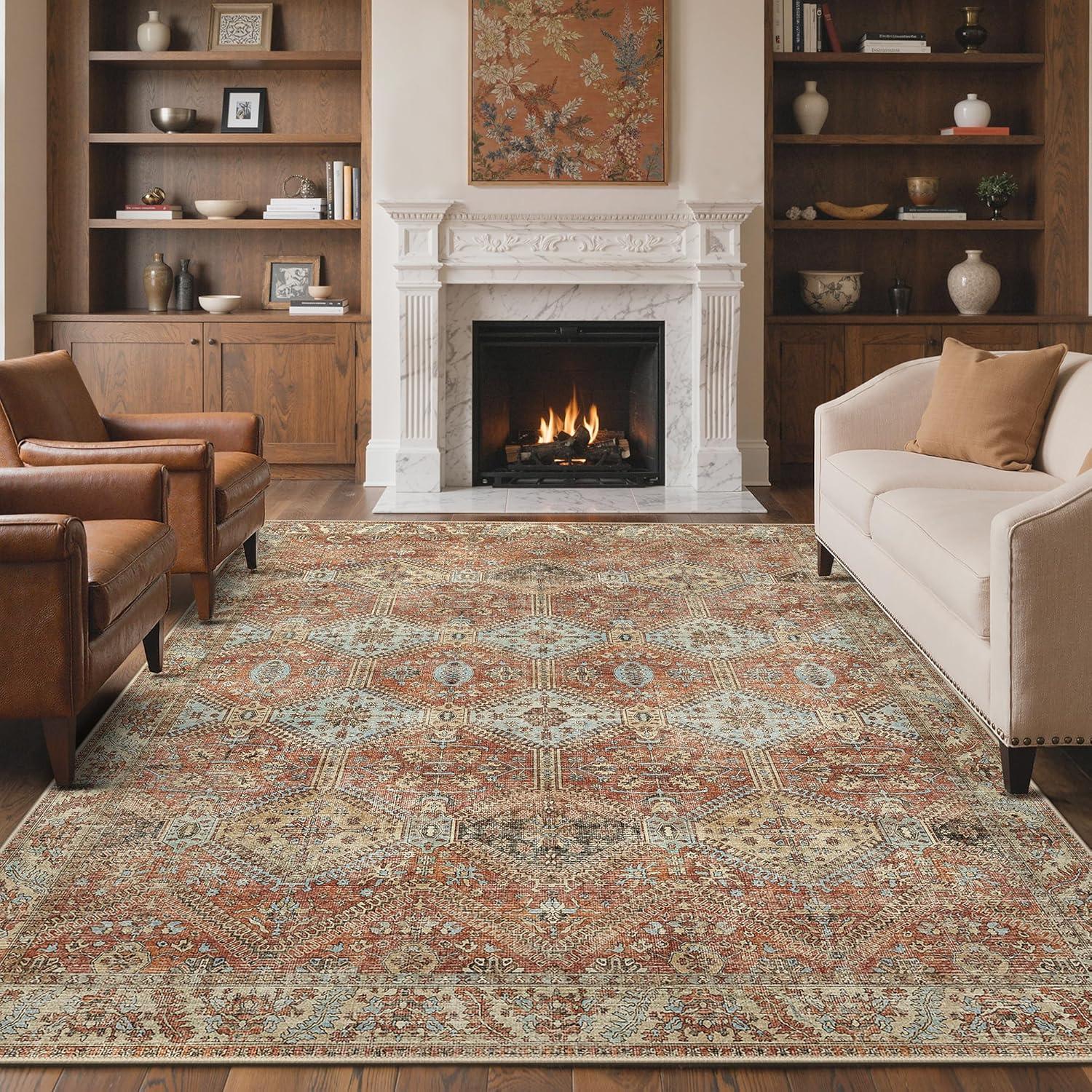 imageGENIMO 9x12 Area Rugs for Living Room Machine Washable Non Slip Rugs Low Pile Lightweight Print Rug for Bedroom Dining Room Home Office Vintage Brick RedVintage Brick Red