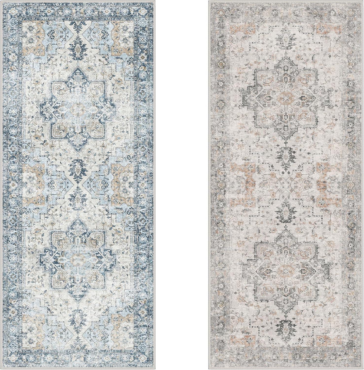imageGENIMO 9x12 Area Rugs for Living Room Machine Washable Non Slip Rugs Low Pile Lightweight Print Rug for Bedroom Dining Room Home Office Vintage Brick RedTaupeblue