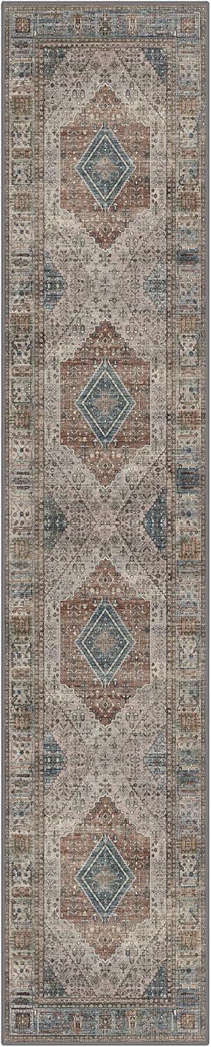 imageGENIMO 9x12 Area Rugs for Living Room Machine Washable Non Slip Rugs Low Pile Lightweight Print Rug for Bedroom Dining Room Home Office Vintage Brick RedGeometry SepiaBlue