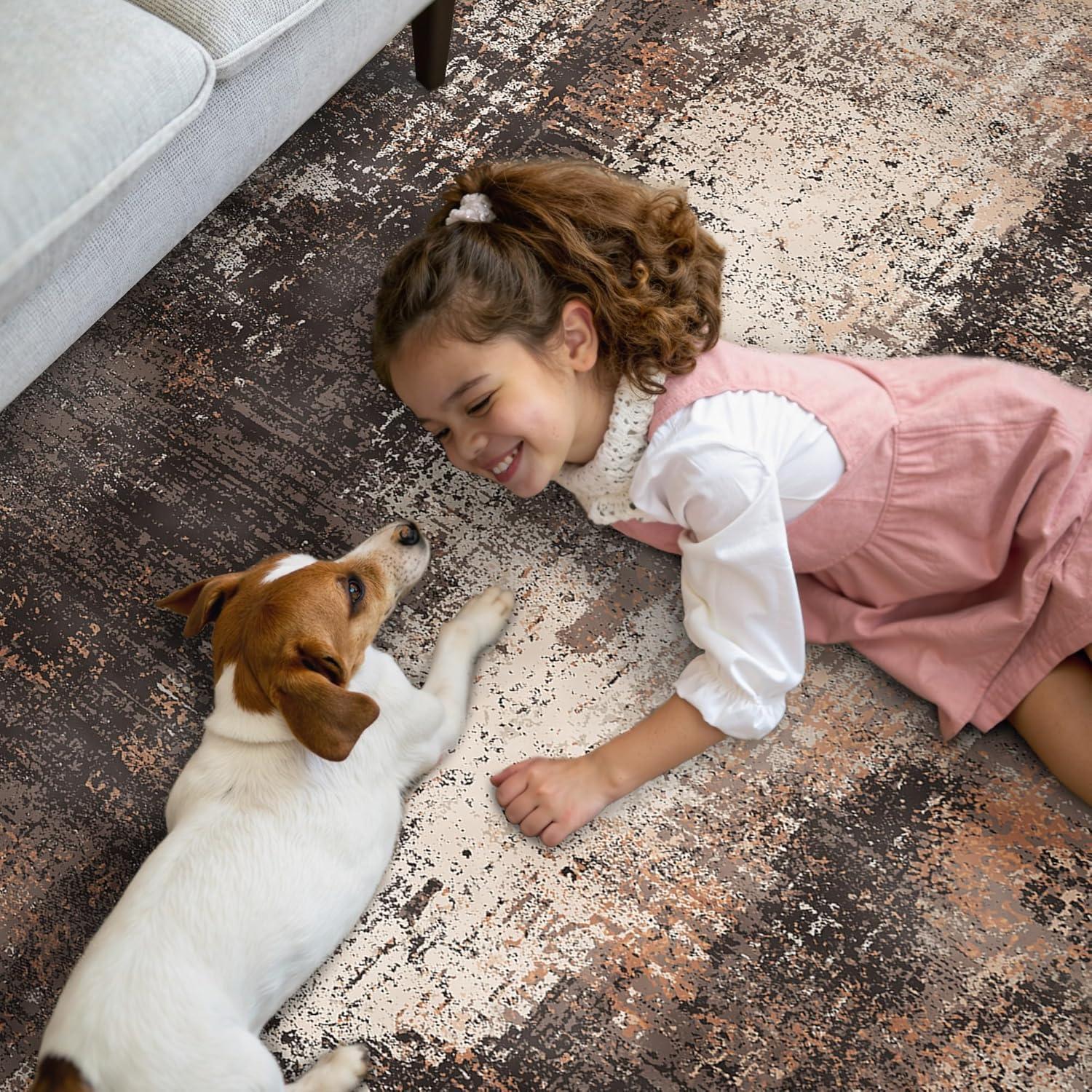 imageGENIMO 9x12 Area Rugs for Living Room Machine Washable Non Slip Rugs Low Pile Lightweight Print Rug for Bedroom Dining Room Home Office Vintage Brick RedBrown Orange