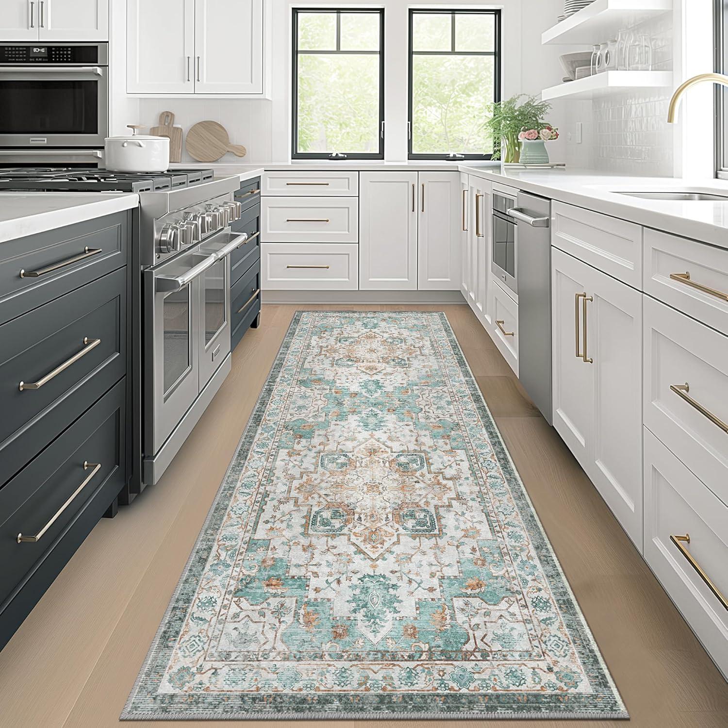 imageGENIMO 9x12 Area Rugs for Living Room Machine Washable Non Slip Rugs Low Pile Lightweight Print Rug for Bedroom Dining Room Home Office Vintage Brick RedCyan