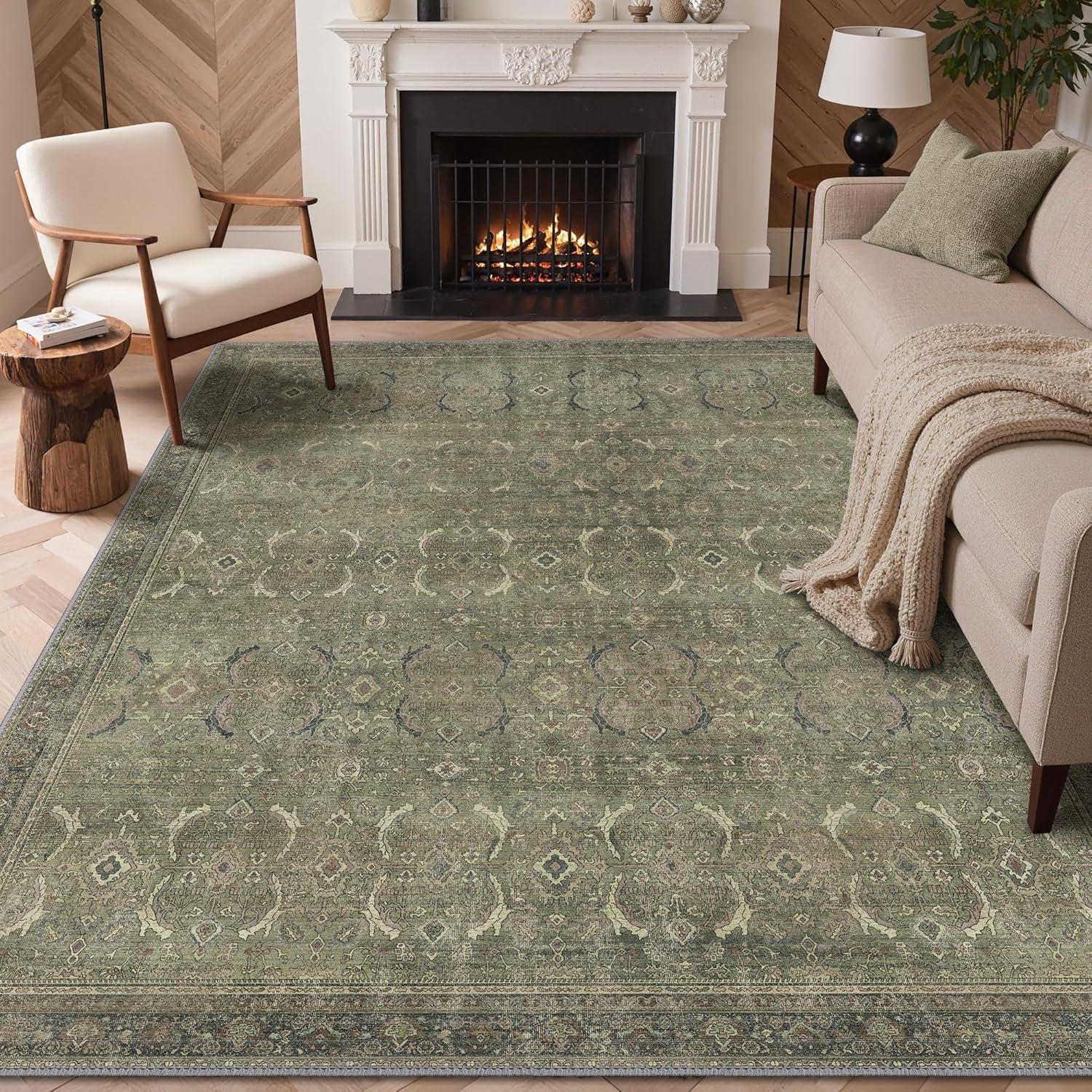 imageGENIMO 9x12 Area Rugs for Living Room Machine Washable Non Slip Rugs Low Pile Lightweight Print Rug for Bedroom Dining Room Home Office Vintage Brick RedMuted Green
