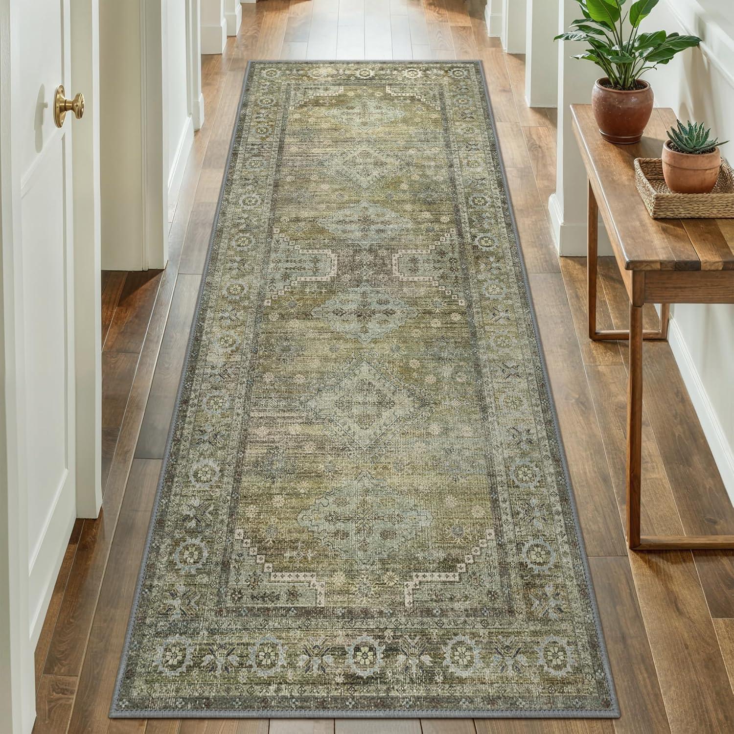 imageGENIMO 9x12 Area Rugs for Living Room Machine Washable Non Slip Rugs Low Pile Lightweight Print Rug for Bedroom Dining Room Home Office Vintage Brick RedDistressed Sage