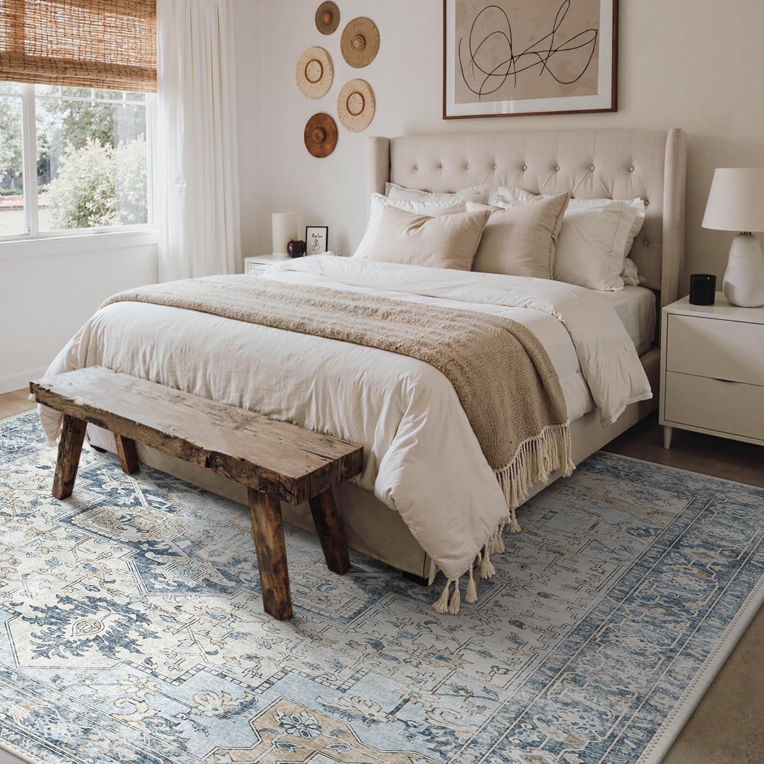 imageGENIMO 9x12 Area Rugs for Living Room Machine Washable Non Slip Rugs Low Pile Lightweight Print Rug for Bedroom Dining Room Home Office Vintage Brick RedBluegold