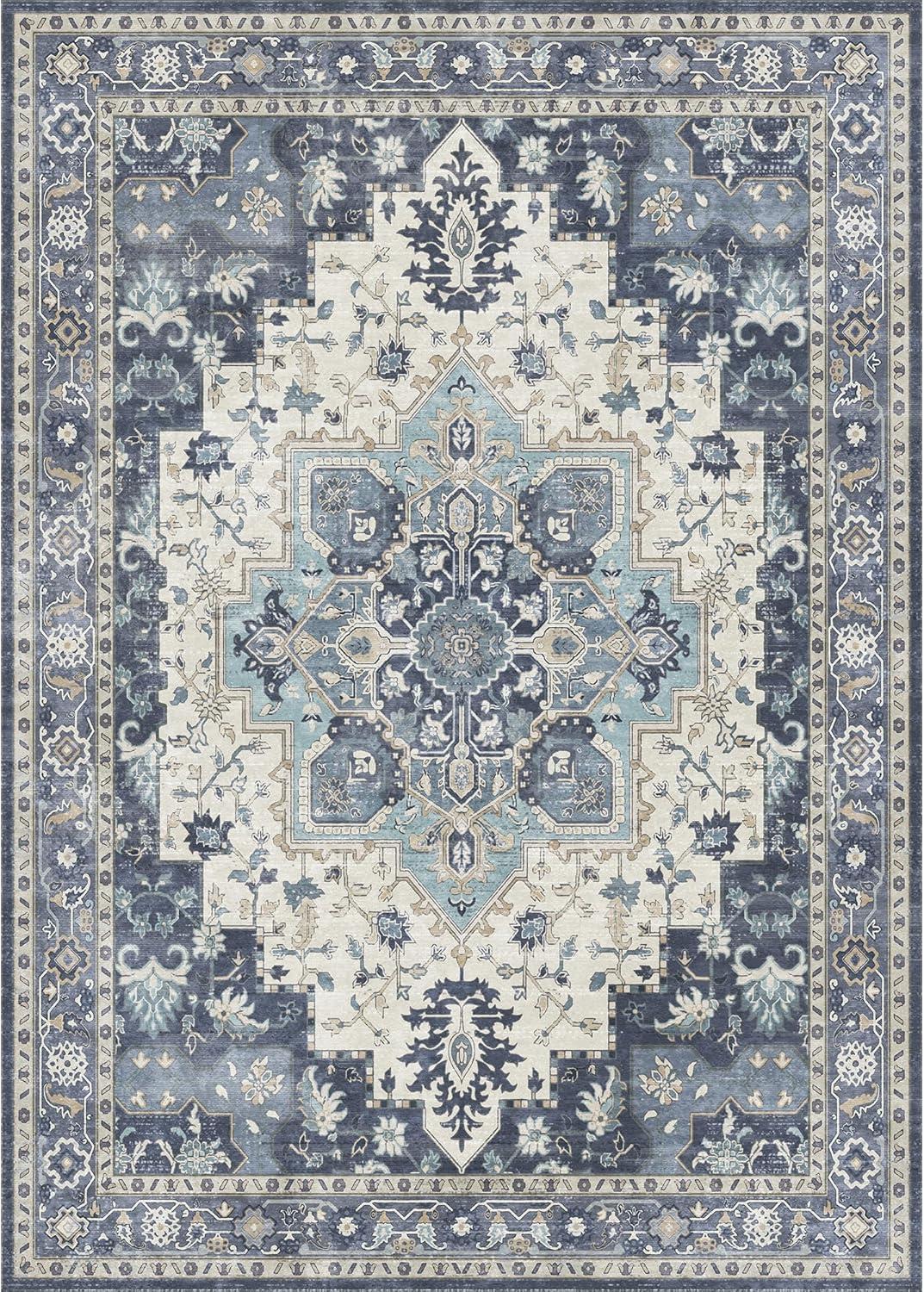 imageGENIMO 9x12 Area Rugs for Living Room Machine Washable Non Slip Rugs Low Pile Lightweight Print Rug for Bedroom Dining Room Home Office Vintage Brick RedCenter Blue