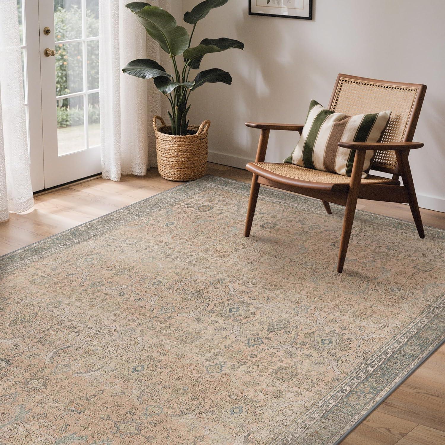 imageGENIMO 9x12 Area Rugs for Living Room Machine Washable Non Slip Rugs Low Pile Lightweight Print Rug for Bedroom Dining Room Home Office Vintage Brick RedOatmeal Beige