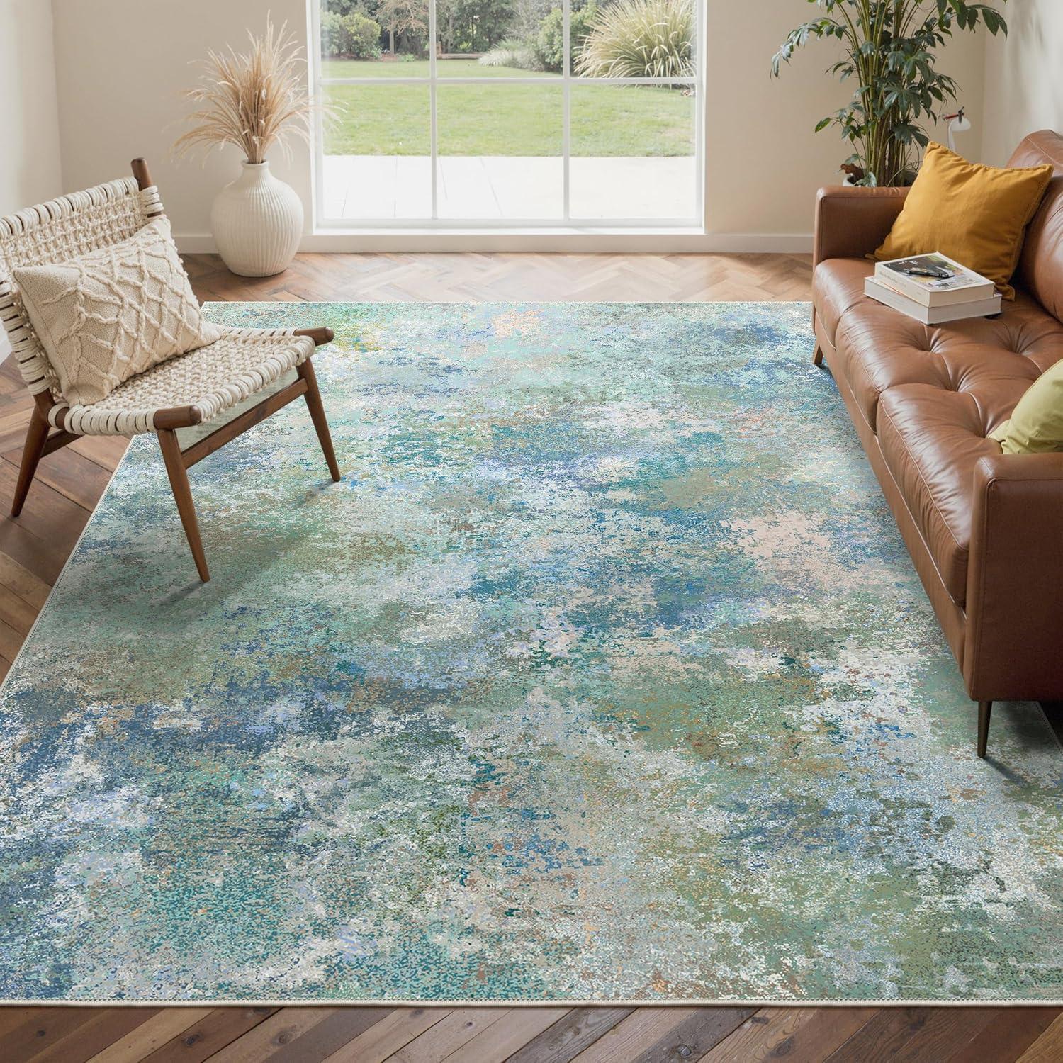 imageGENIMO 9x12 Area Rugs for Living Room Machine Washable Non Slip Rugs Low Pile Lightweight Print Rug for Bedroom Dining Room Home Office Vintage Brick RedAquamarineBlue Green