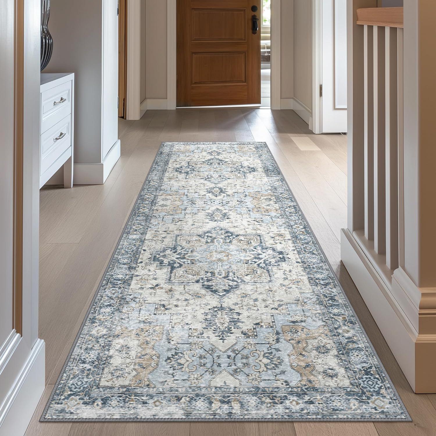imageGENIMO 9x12 Area Rugs for Living Room Machine Washable Non Slip Rugs Low Pile Lightweight Print Rug for Bedroom Dining Room Home Office Vintage Brick RedBluegold