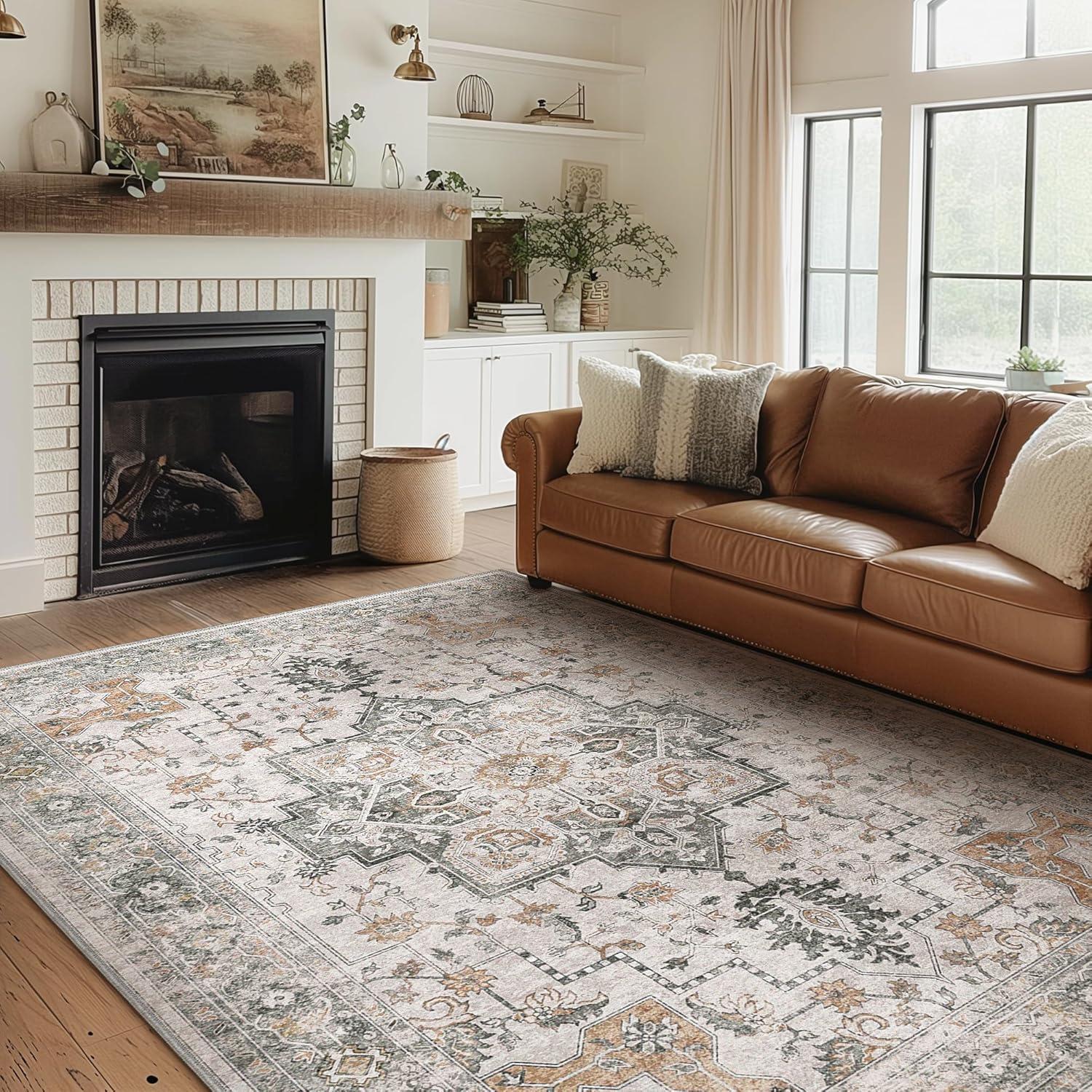 imageGENIMO 9x12 Area Rugs for Living Room Machine Washable Non Slip Rugs Low Pile Lightweight Print Rug for Bedroom Dining Room Home Office Vintage Brick RedTaupe