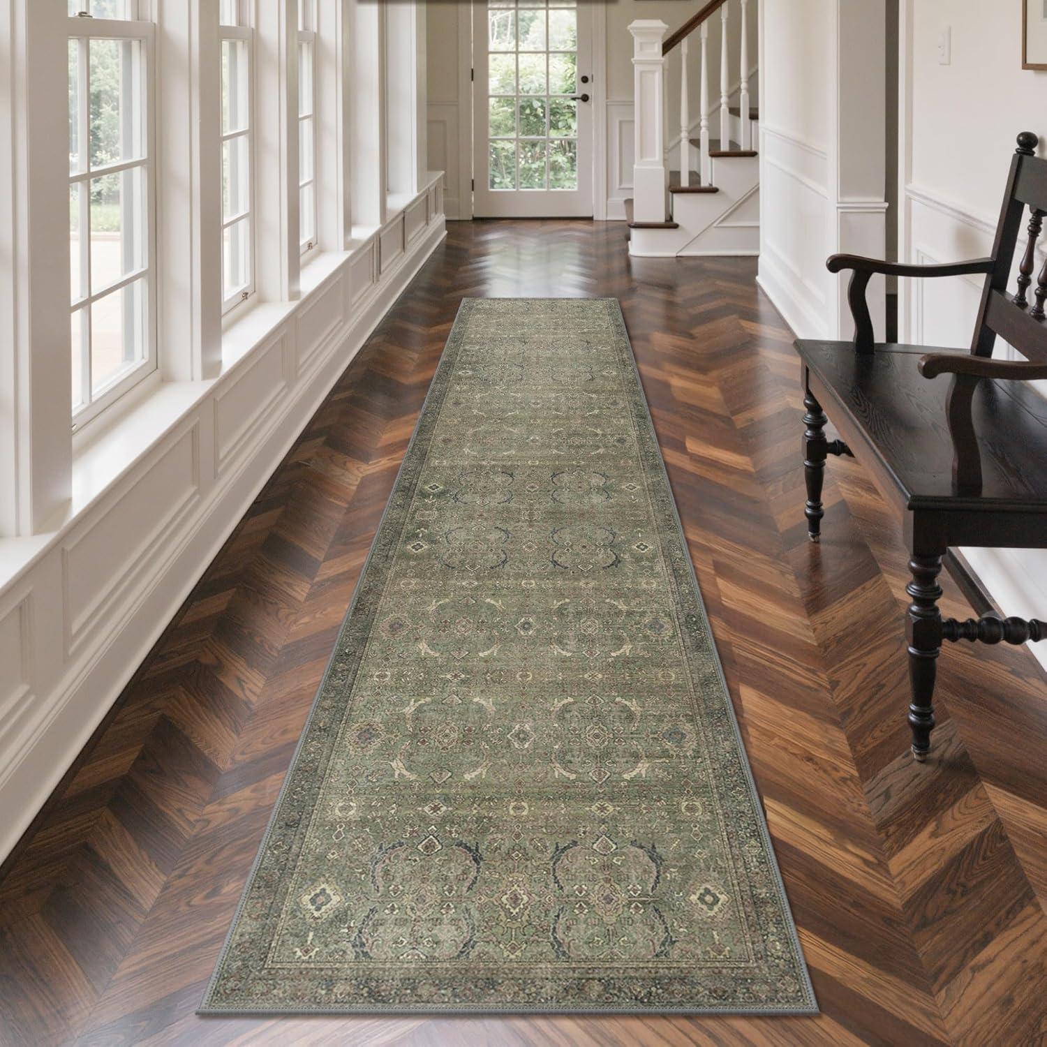 imageGENIMO 9x12 Area Rugs for Living Room Machine Washable Non Slip Rugs Low Pile Lightweight Print Rug for Bedroom Dining Room Home Office Vintage Brick RedMuted Green
