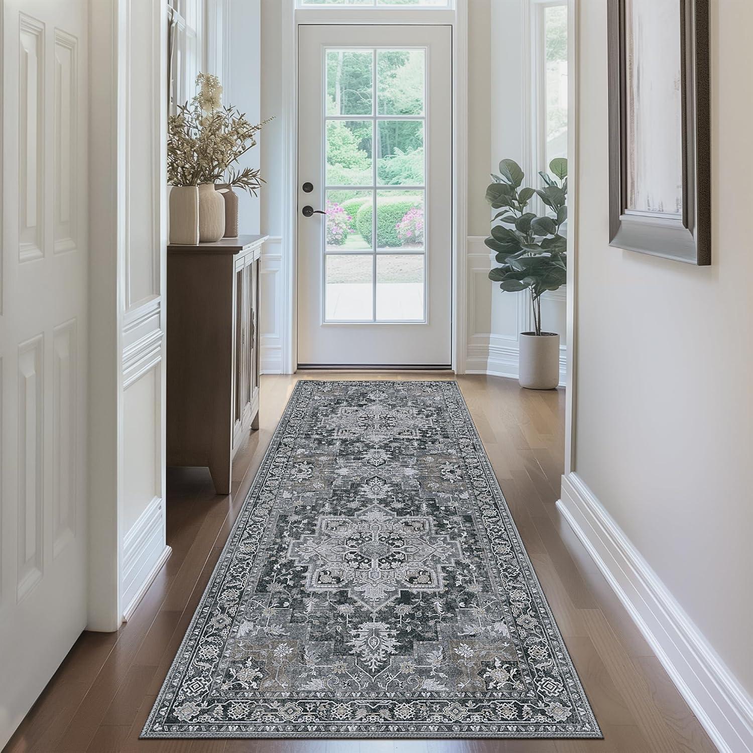 imageGENIMO 9x12 Area Rugs for Living Room Machine Washable Non Slip Rugs Low Pile Lightweight Print Rug for Bedroom Dining Room Home Office Vintage Brick RedDark Gray