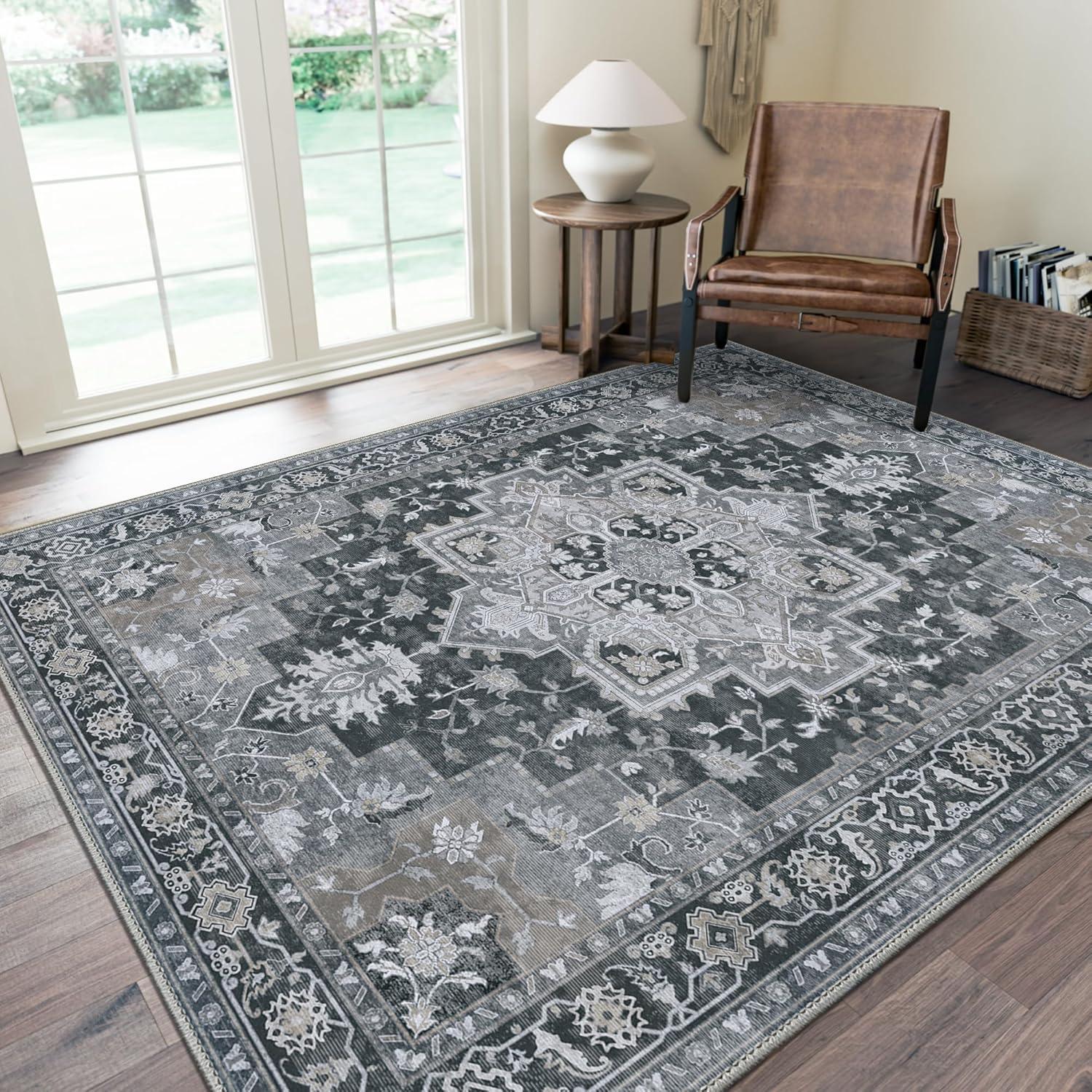 imageGENIMO 9x12 Area Rugs for Living Room Machine Washable Non Slip Rugs Low Pile Lightweight Print Rug for Bedroom Dining Room Home Office Vintage Brick RedDark Gray