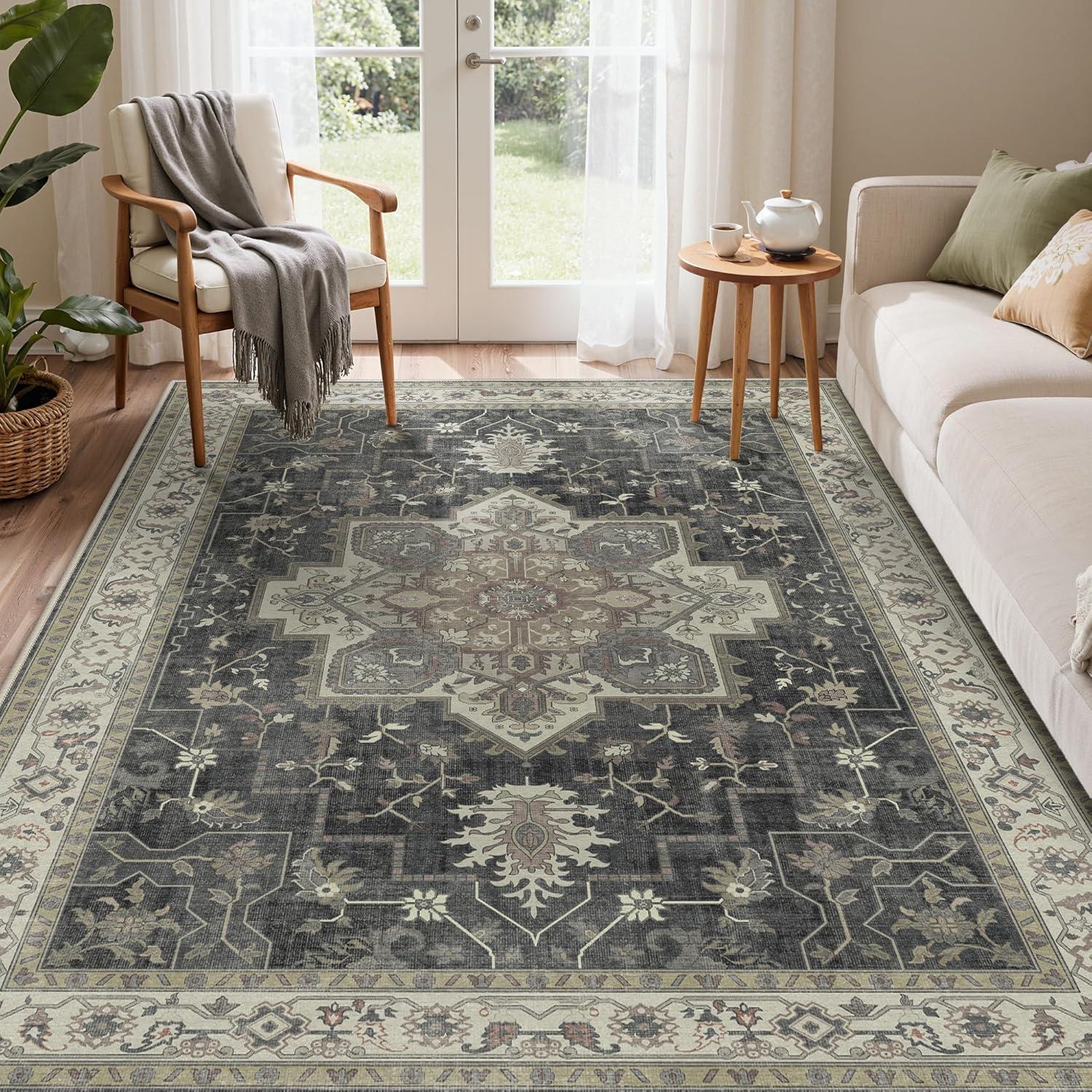 imageGENIMO 9x12 Area Rugs for Living Room Machine Washable Non Slip Rugs Low Pile Lightweight Print Rug for Bedroom Dining Room Home Office Vintage Brick RedMuted Charcoal Beige