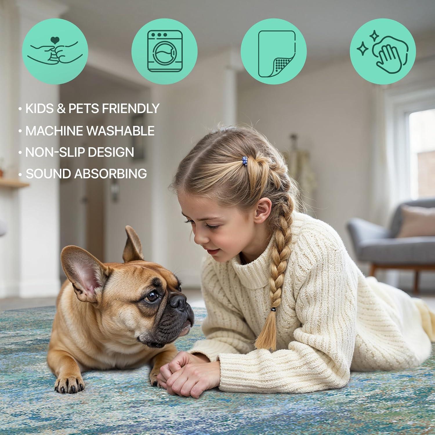imageGENIMO 9x12 Area Rugs for Living Room Machine Washable Non Slip Rugs Low Pile Lightweight Print Rug for Bedroom Dining Room Home Office Vintage Brick RedAquamarineBlue Green