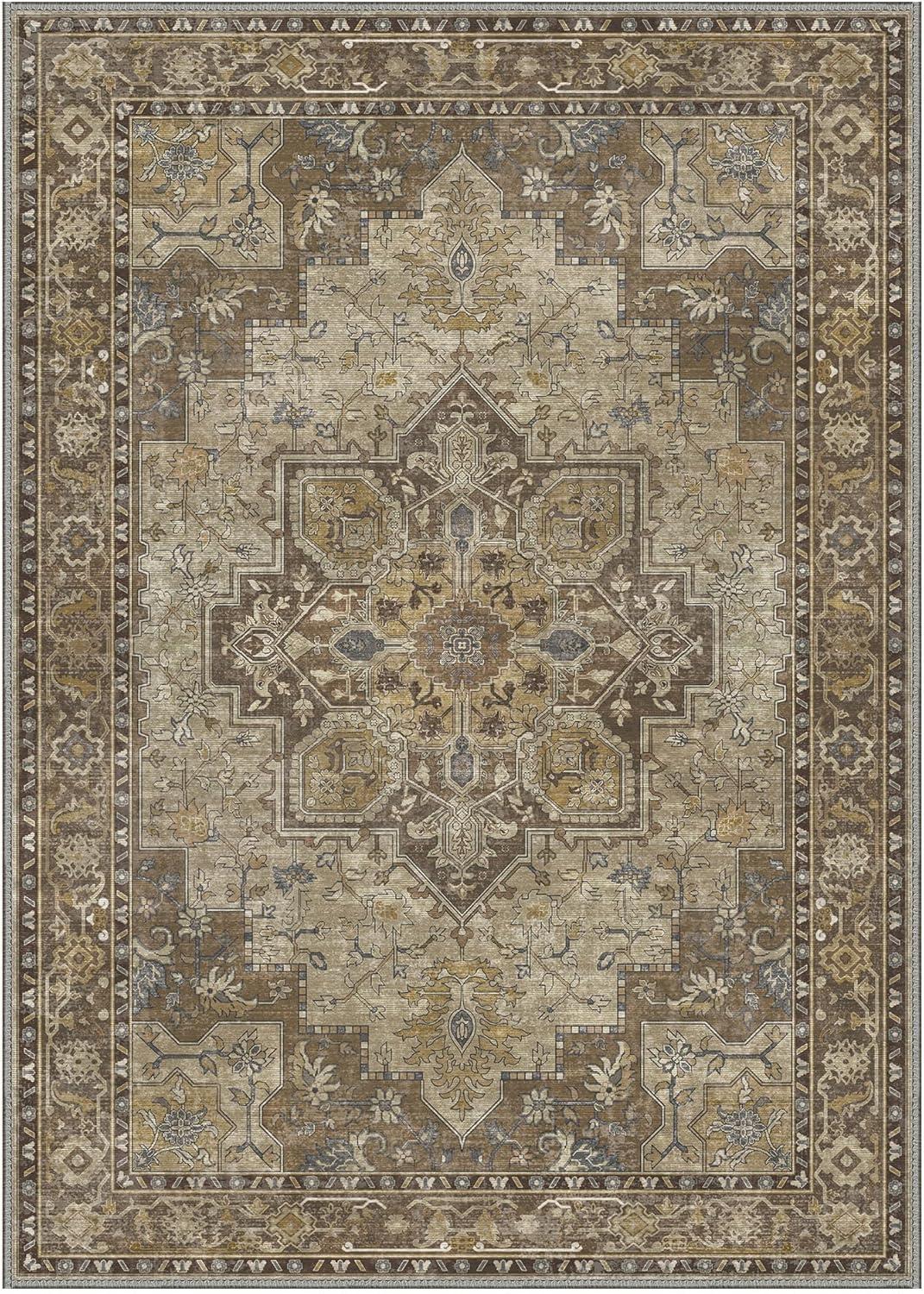 imageGENIMO 9x12 Area Rugs for Living Room Machine Washable Non Slip Rugs Low Pile Lightweight Print Rug for Bedroom Dining Room Home Office Vintage Brick RedRustic Brown