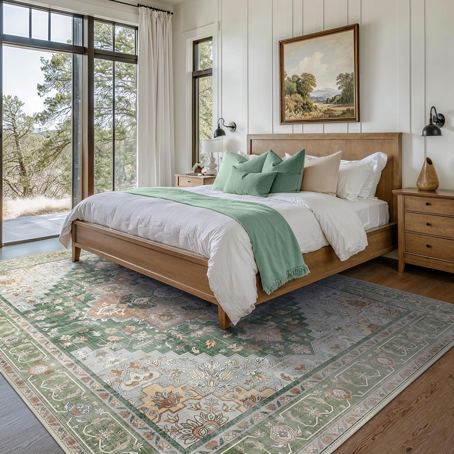 imageGENIMO 9x12 Area Rugs for Living Room Machine Washable Non Slip Rugs Low Pile Lightweight Print Rug for Bedroom Dining Room Home Office Vintage Brick RedSage Green