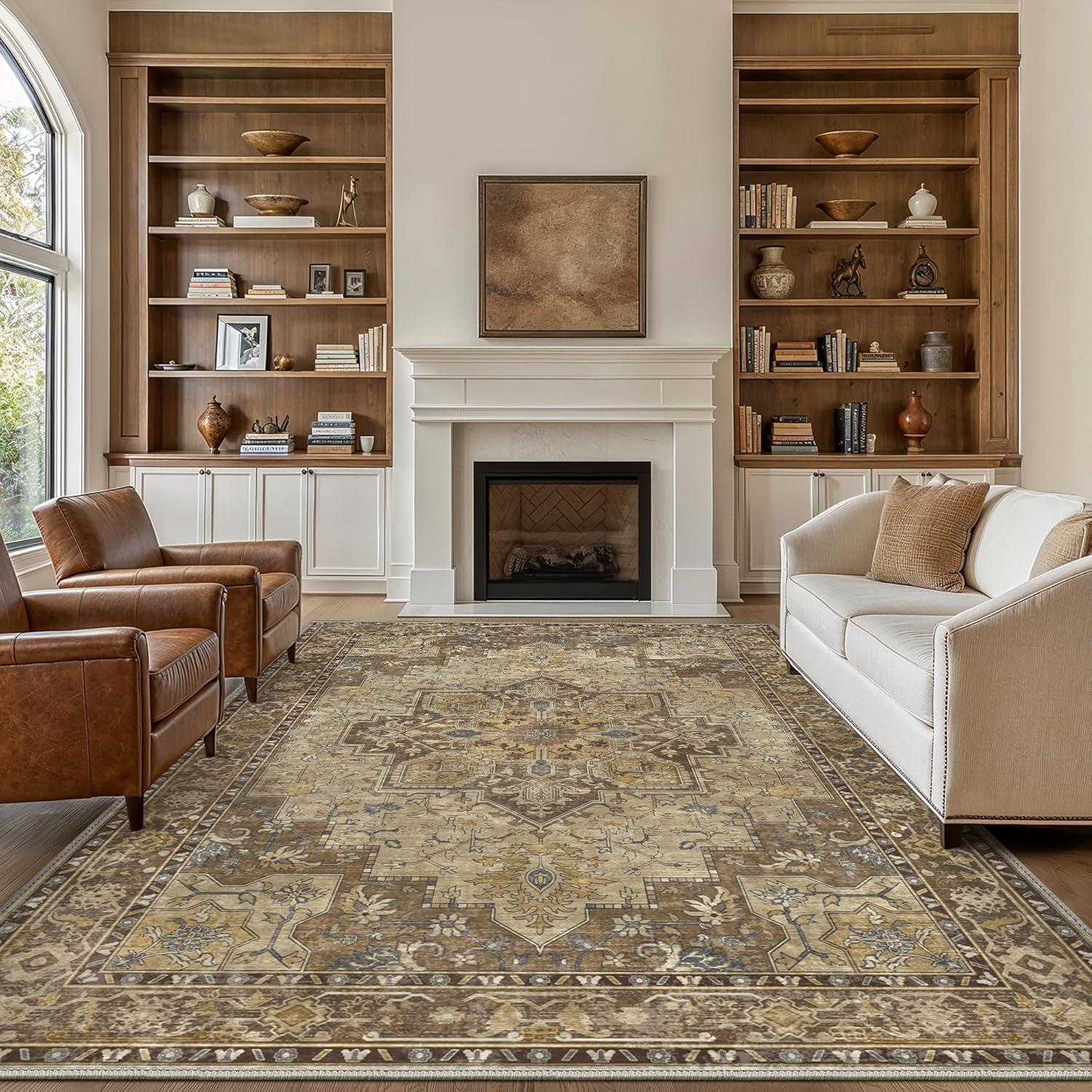 imageGENIMO 9x12 Area Rugs for Living Room Machine Washable Non Slip Rugs Low Pile Lightweight Print Rug for Bedroom Dining Room Home Office Vintage Brick RedRustic Brown