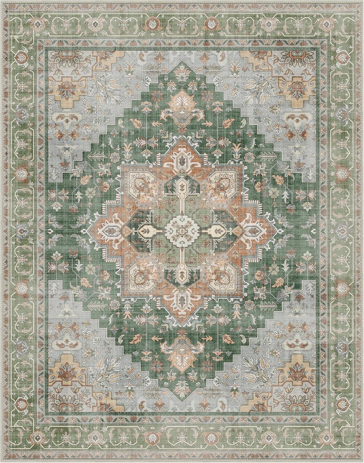 imageGENIMO 9x12 Area Rugs for Living Room Machine Washable Non Slip Rugs Low Pile Lightweight Print Rug for Bedroom Dining Room Home Office Vintage Brick RedSage Green